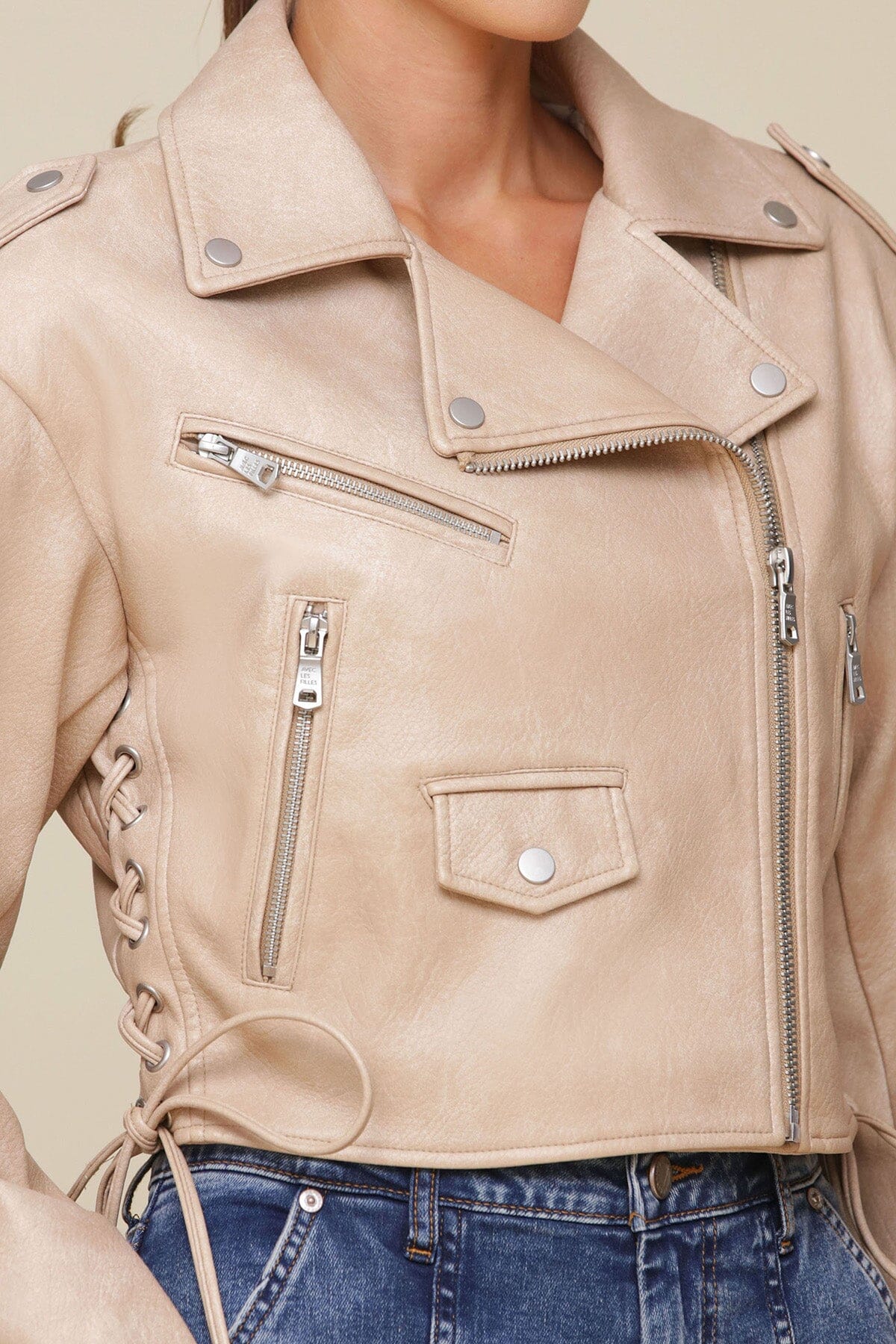 Khaki beige faux leather lace up oversized biker jacket with dropped shoulders, zippered pockets and side lacing - Cute womens coats & jackets by Avec Les Filles
