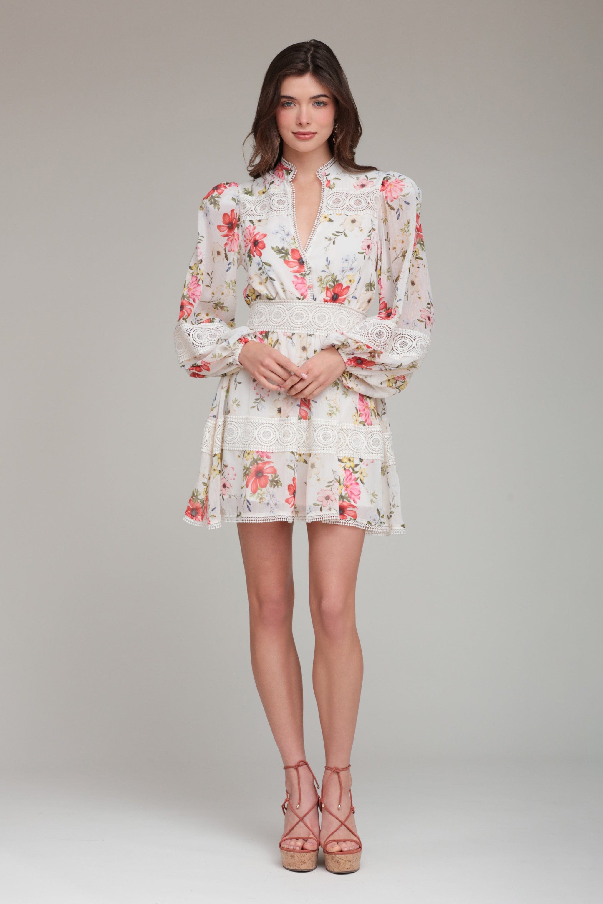 Chiffon Lace Trim Cream Floral Mini Dress