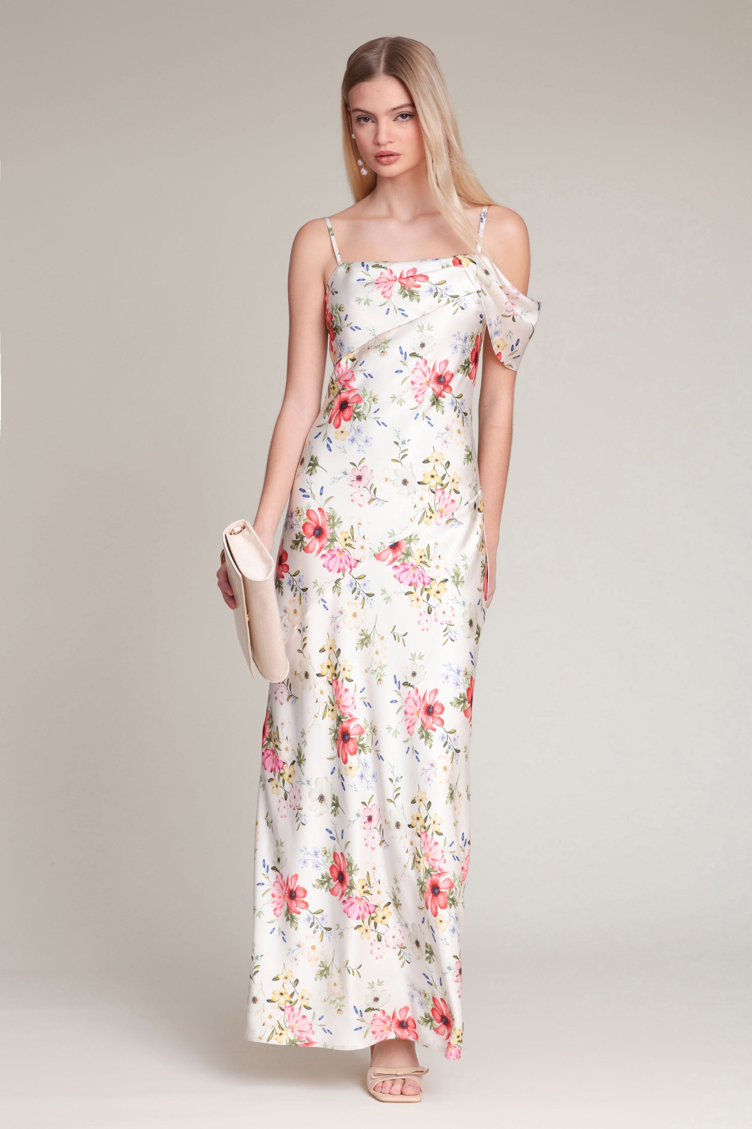 Multicolor floral satin maxi dress with adjustable spaghetti straps and a square neckline by Avec Les Filles
