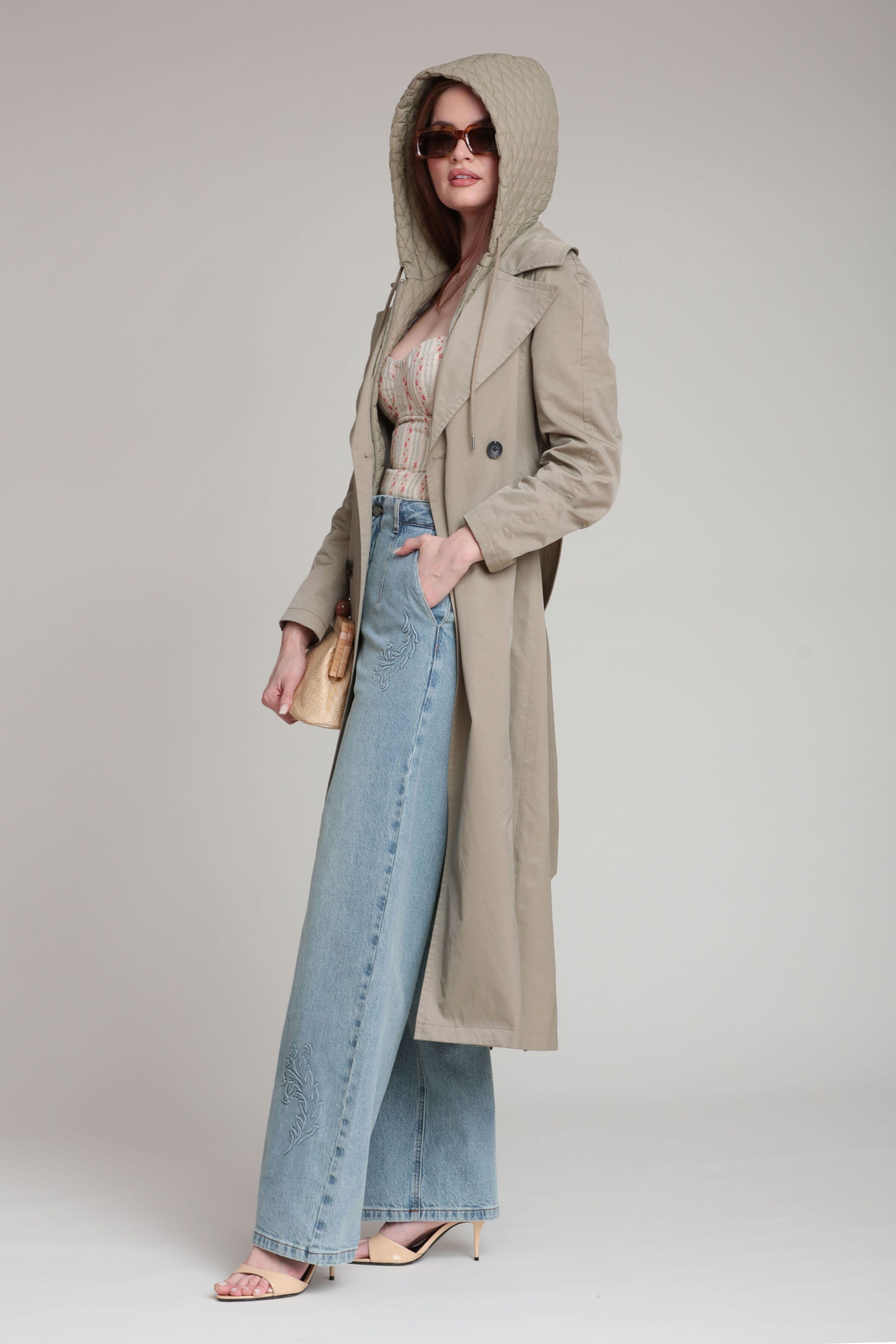 Cotton nylon double-breasted front sage midi trench coat with detachable hood by Avec Les Filles