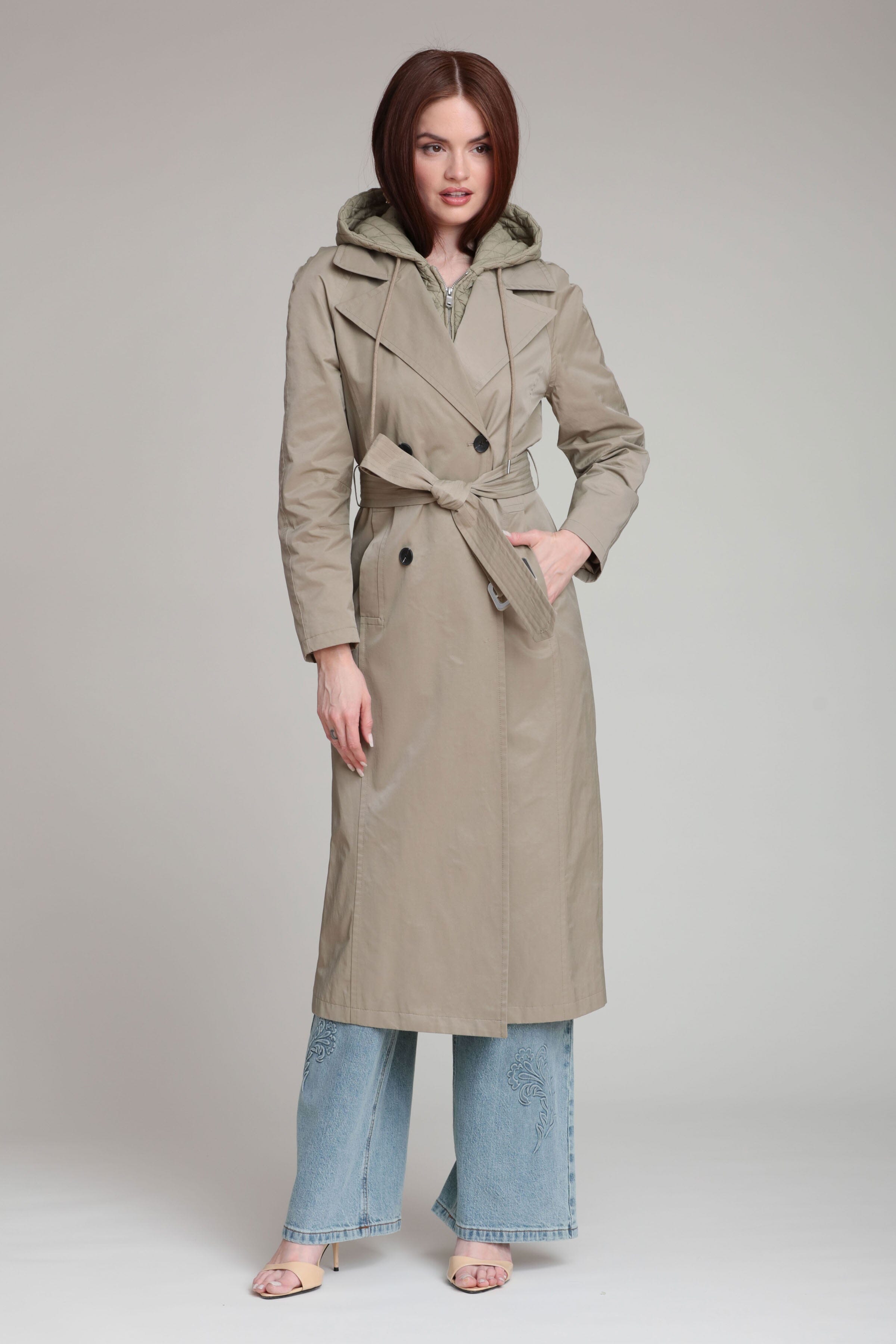 Cotton nylon double-breasted front sage midi trench coat with waist self-tie belt by Avec Les Filles