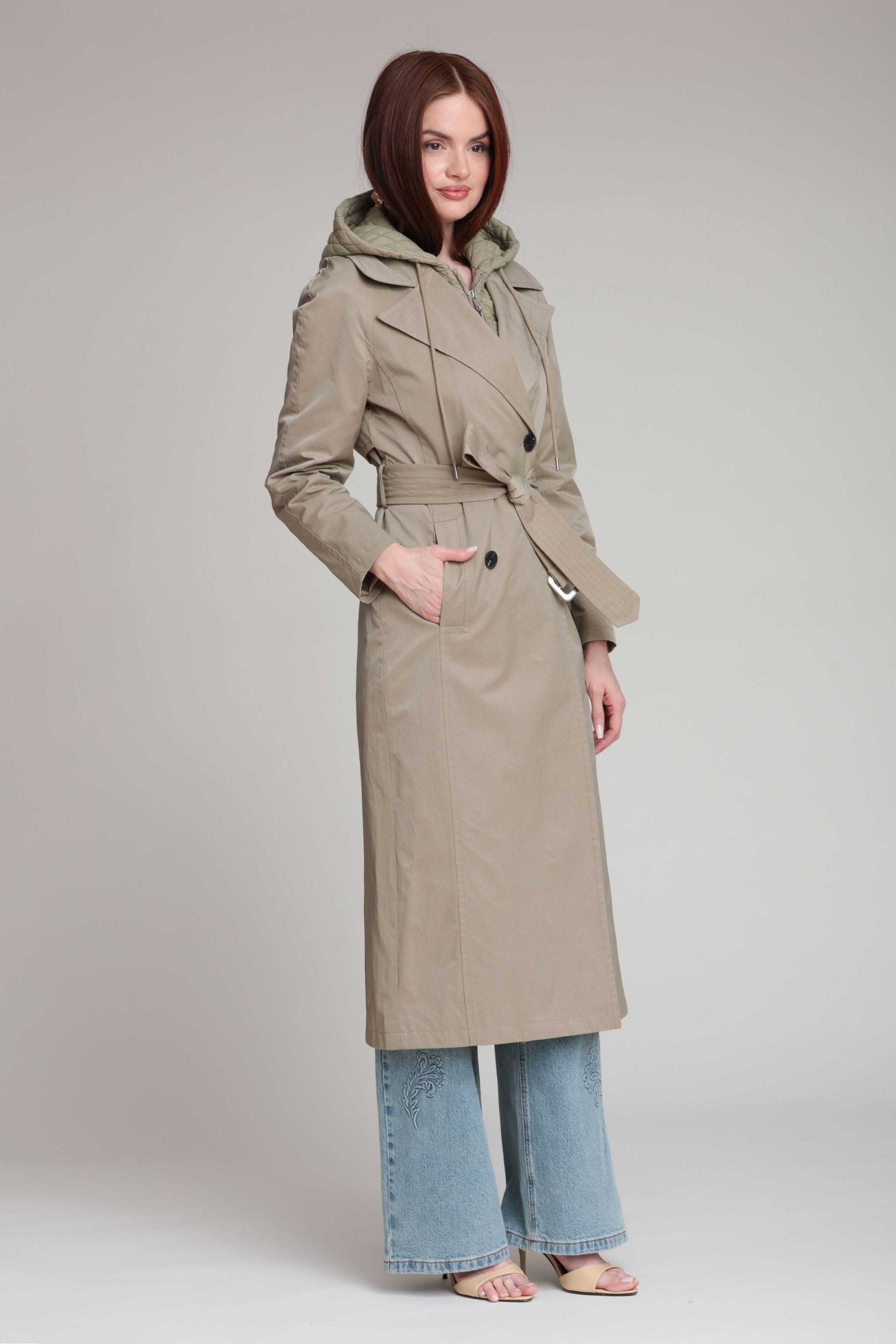 Cotton nylon double-breasted front sage midi trench coat - Shop women's trench coats by Avec Les Filles