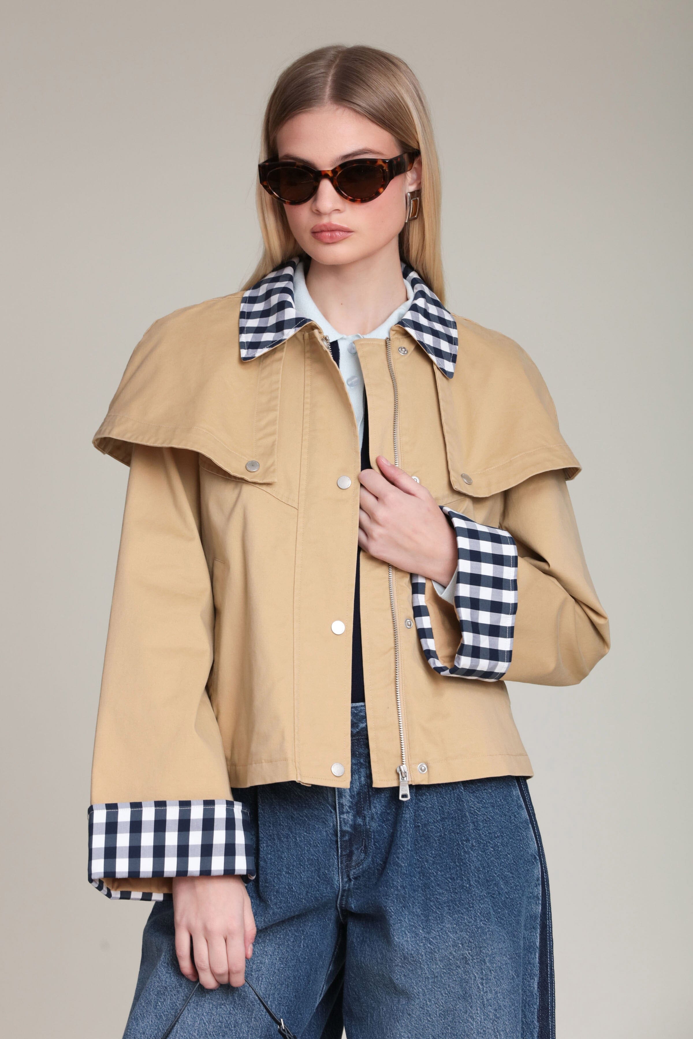 Gingham Trim Cotton Khaki Cape Jacket