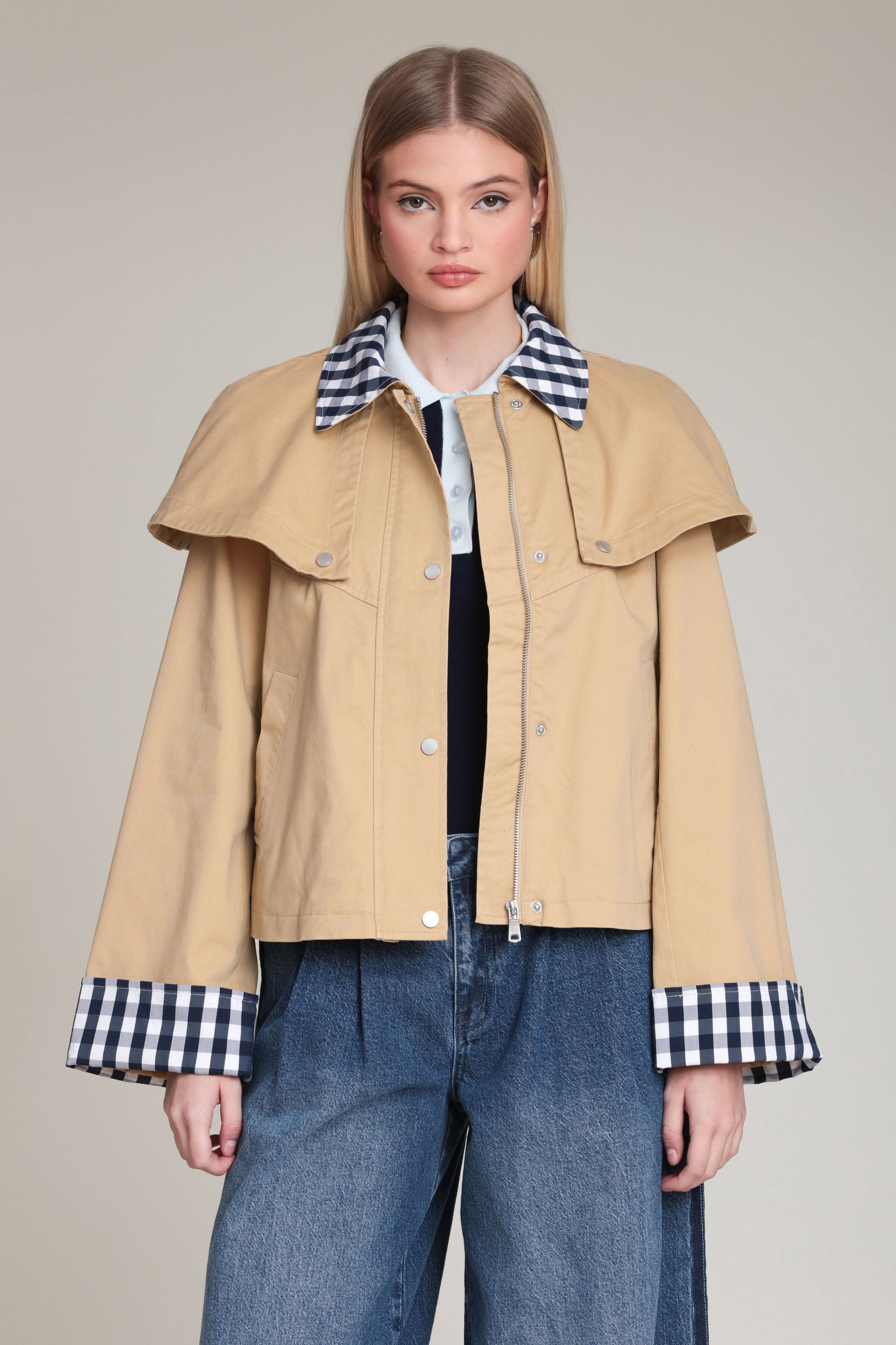 Gingham trim cotton khaki cape jacket in cotton-blend with a cropped silhouette and contrast collar - Women's designer cape jackets by Avec Les Filles