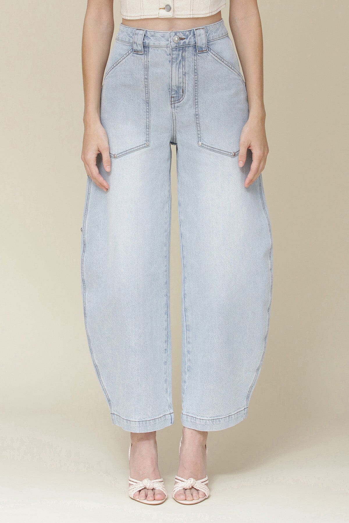 Light wash blue barrel high waist jeans with front cargo pockets and back patch pockets - Cute women's pants by Avec Les Filles