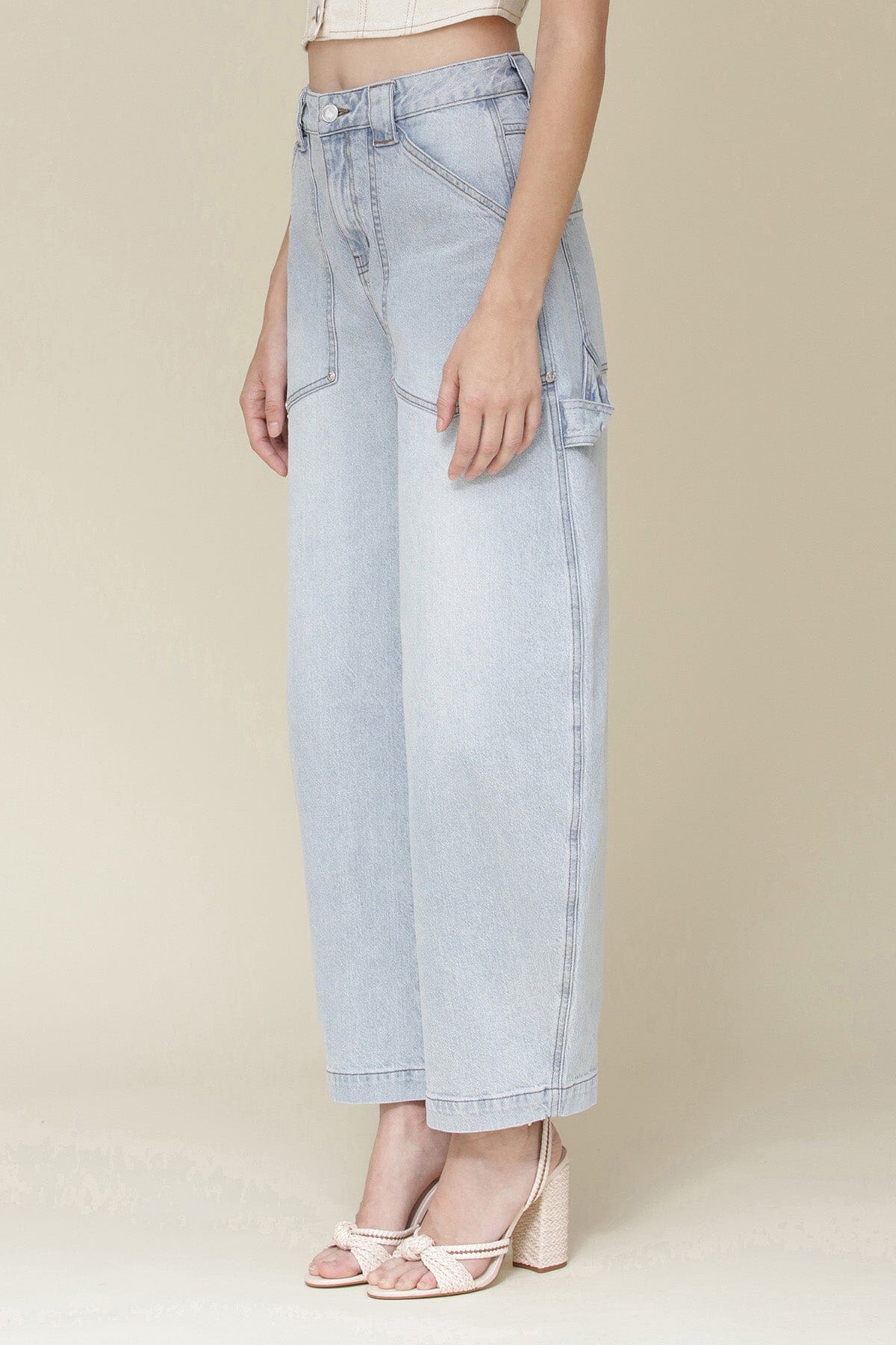 Light wash blue barrel high waist jeans with front cargo pockets and back patch pockets - Cute women's pants by Avec Les Filles