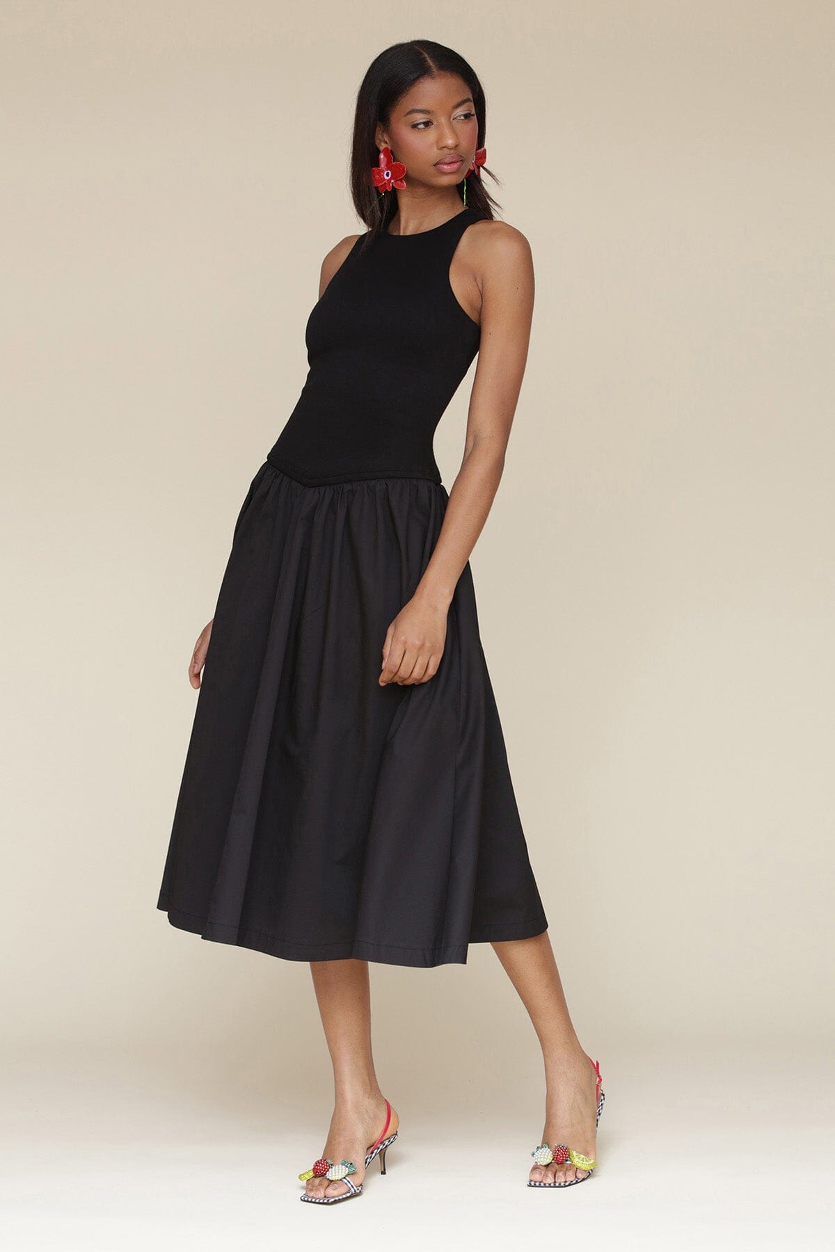 Cotton Blend Drop Waist Midi Dress Dresses Avec Les Filles Black 2