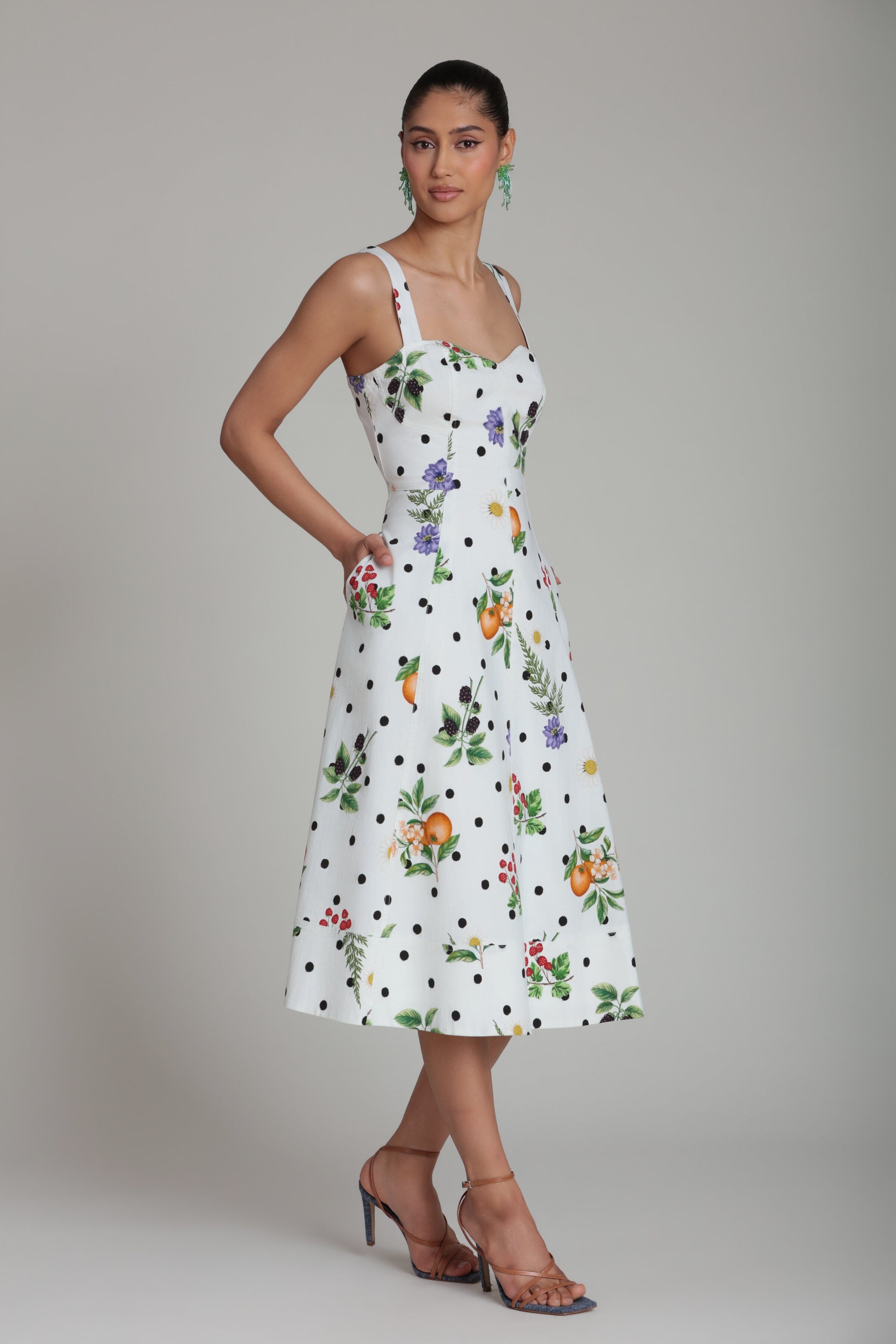 White floral polka dot cotton midi dress with sweetheart neck - Shop women's cute midi dresses by Avec Les Filles