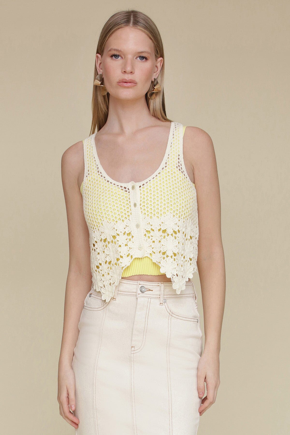 Pastel yellow layered cotton crochet tank top made of 100% cotton with ribbed texture and sleeveless scoop neck - Cute womens tank tops by Avec Les Filles