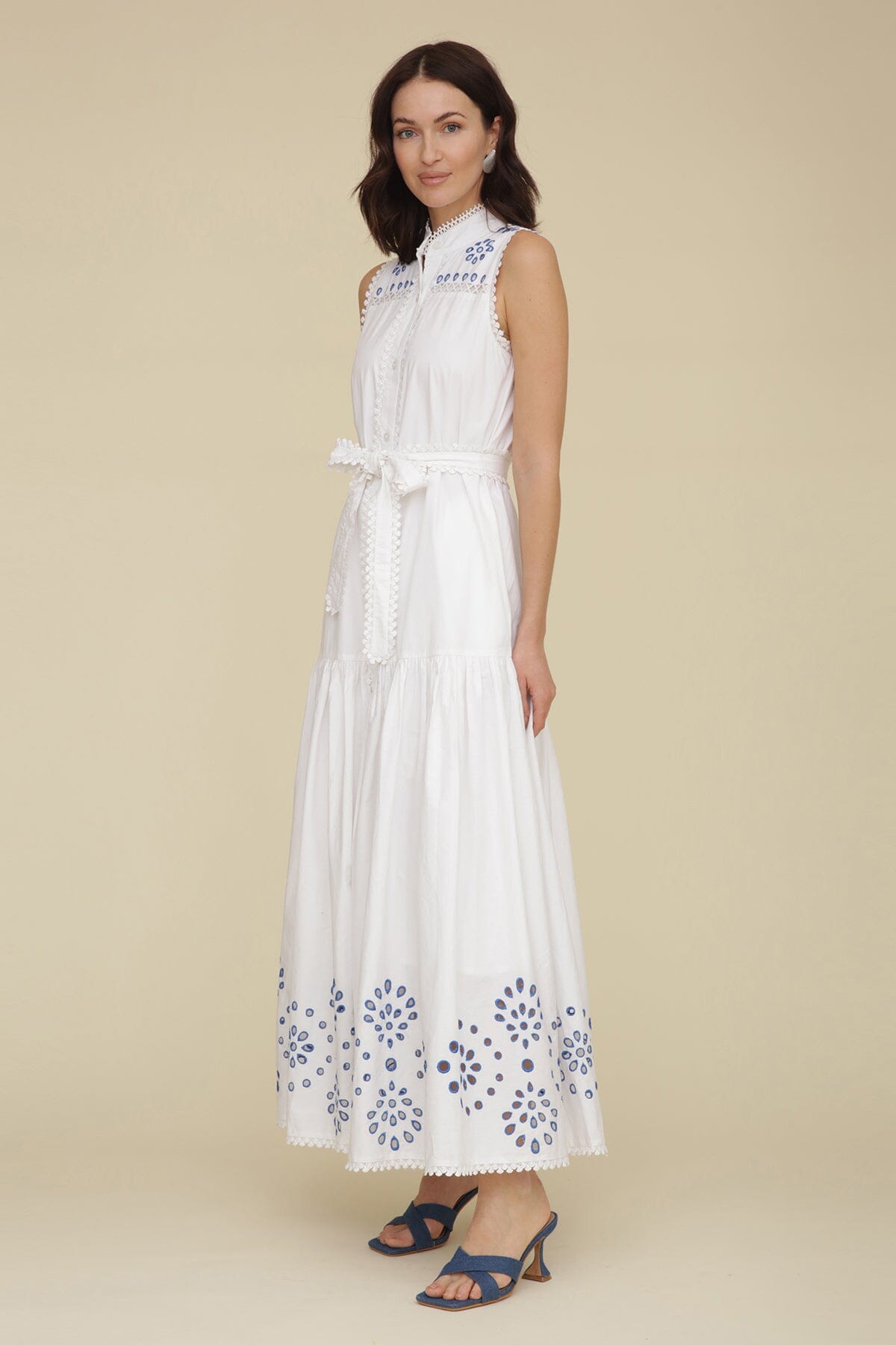 Embroidered white blue cotton belted maxi dress with sleeveless button-front bodice with detachable self-tie waist belt - Cute women's maxi dresses by Avec Les Filles
