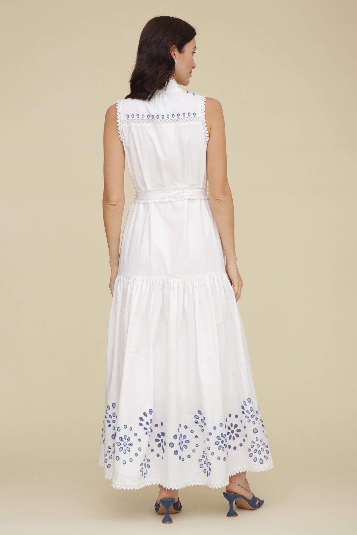 Embroidered white blue cotton belted maxi dress with sleeveless button-front bodice with detachable self-tie waist belt - Cute women's maxi dresses by Avec Les Filles