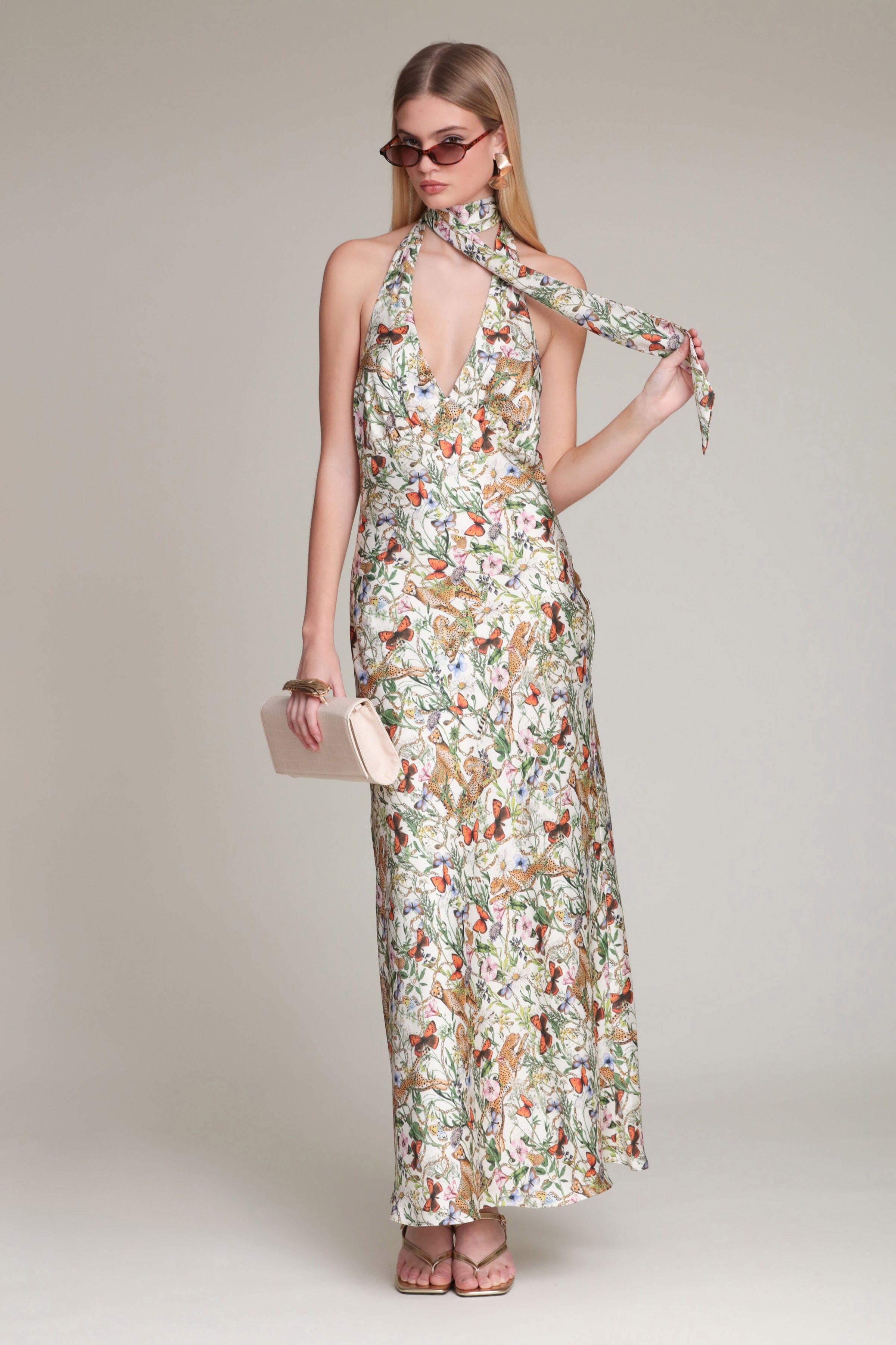 Botanical printed satin scarf-tie cream maxi dress with a halter neckline - Shop women’s maxi dresses by Avec Les Filles