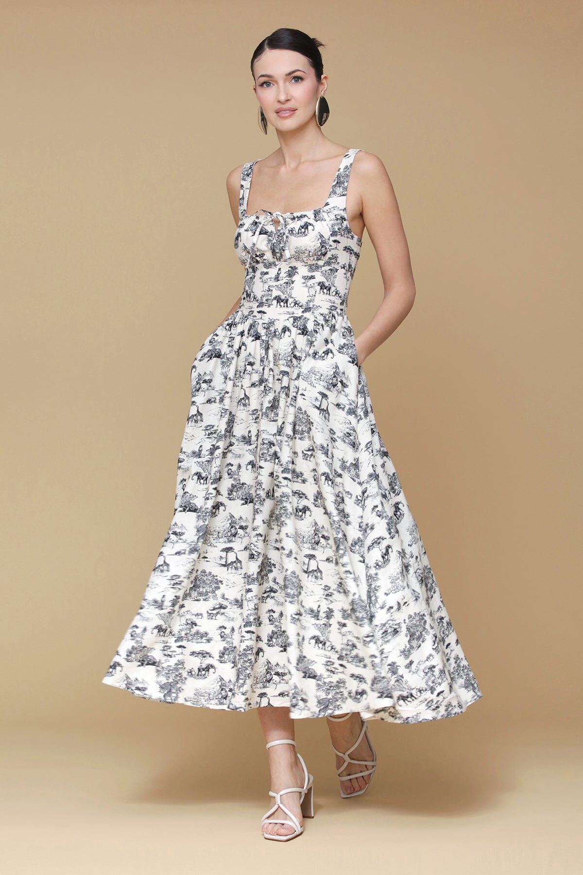 Safari toile black printed linen blend midi dress with wide shoulder straps and center front tie - Cute womens midi dresses by Avec Les Filles