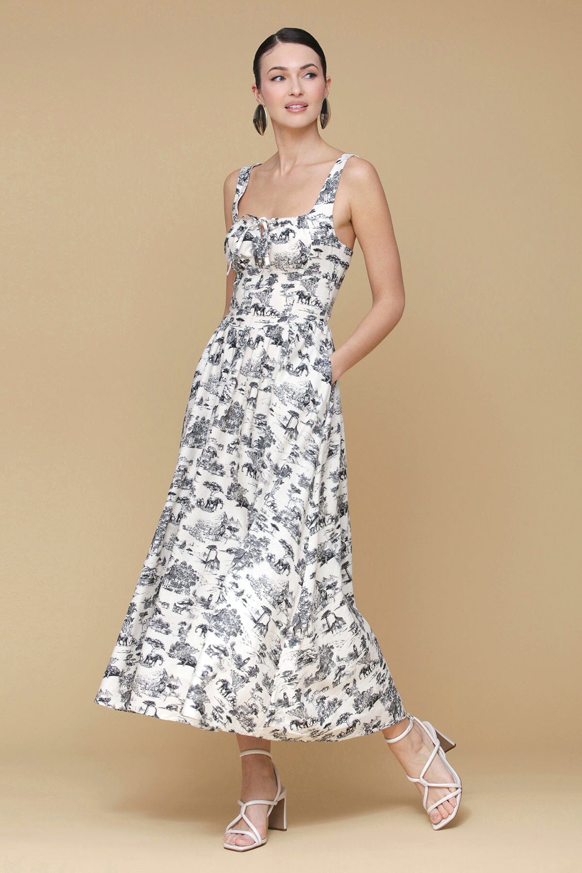 Safari toile black printed linen blend midi dress with wide shoulder straps and center front tie - Cute womens midi dresses by Avec Les Filles