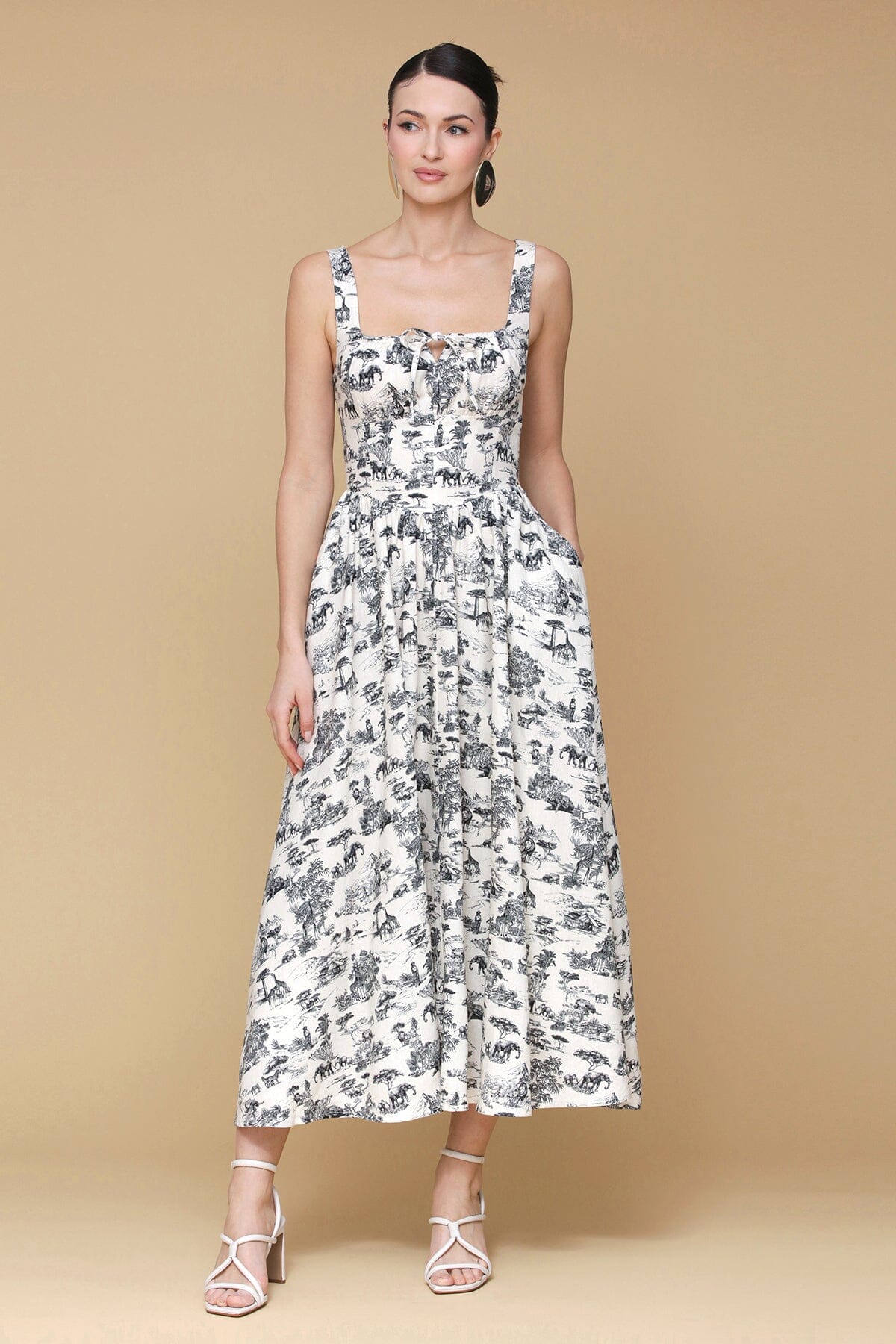 Safari toile black printed linen blend midi dress with wide shoulder straps and center front tie - Cute womens midi dresses by Avec Les Filles