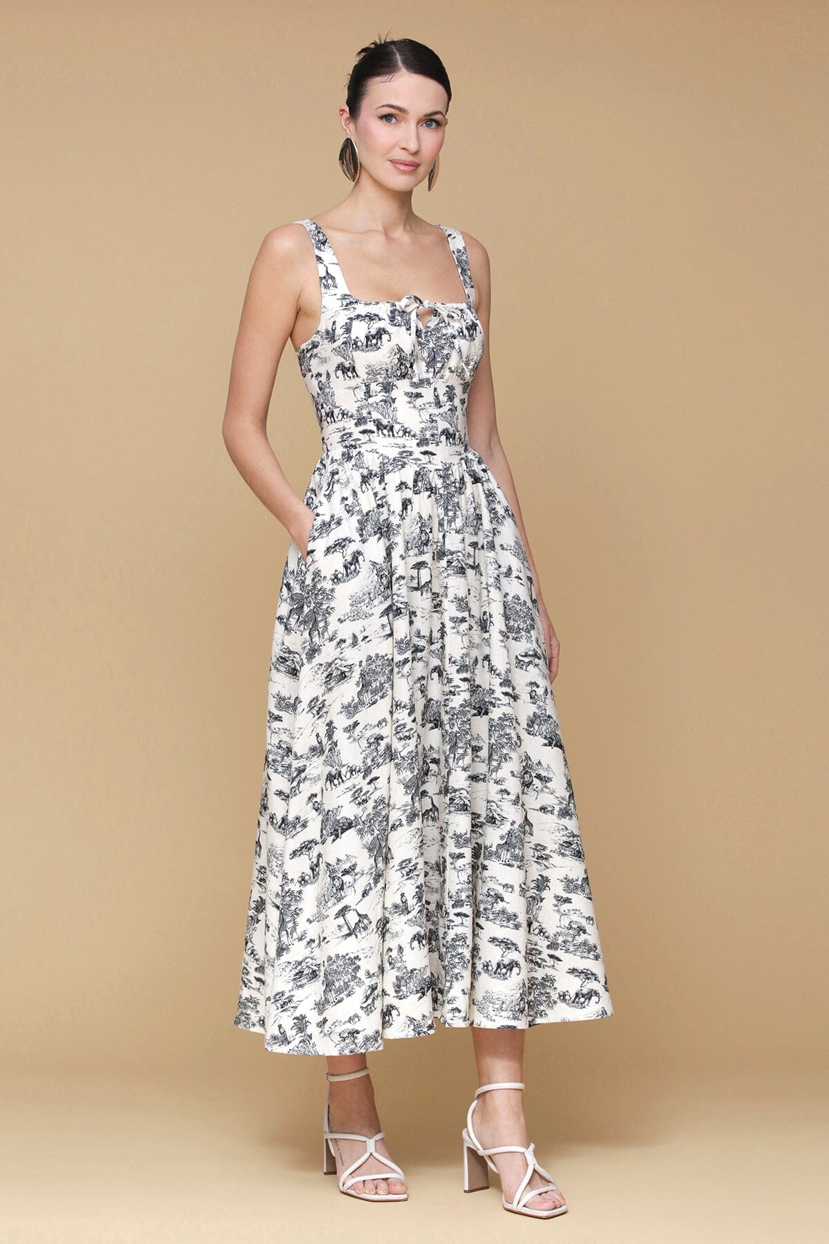 Safari toile black printed linen blend midi dress with wide shoulder straps and center front tie - Cute womens midi dresses by Avec Les Filles