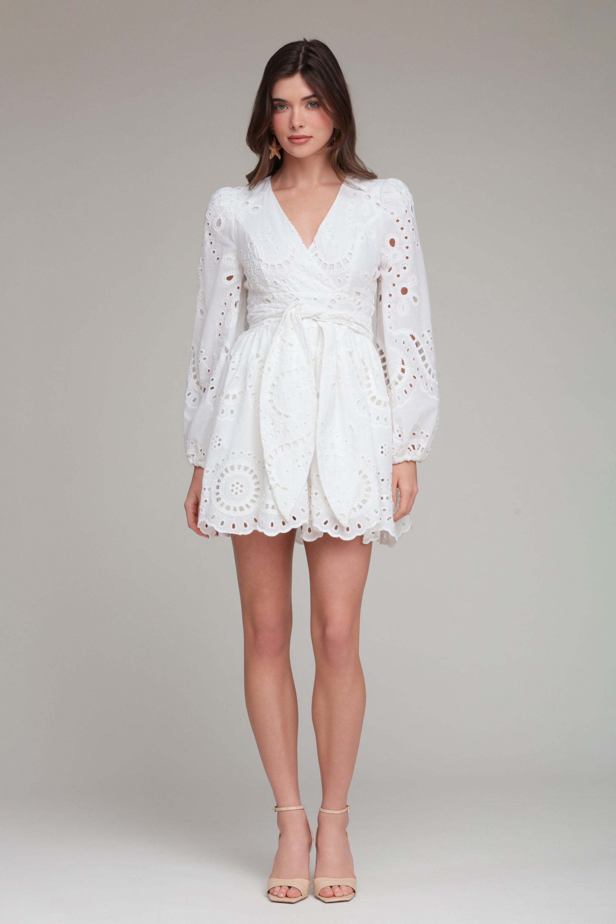white long sleeve wrap dress Avec Les Filles Broderie Anglaise Cotton Romper Dress Women's Dress White : 6