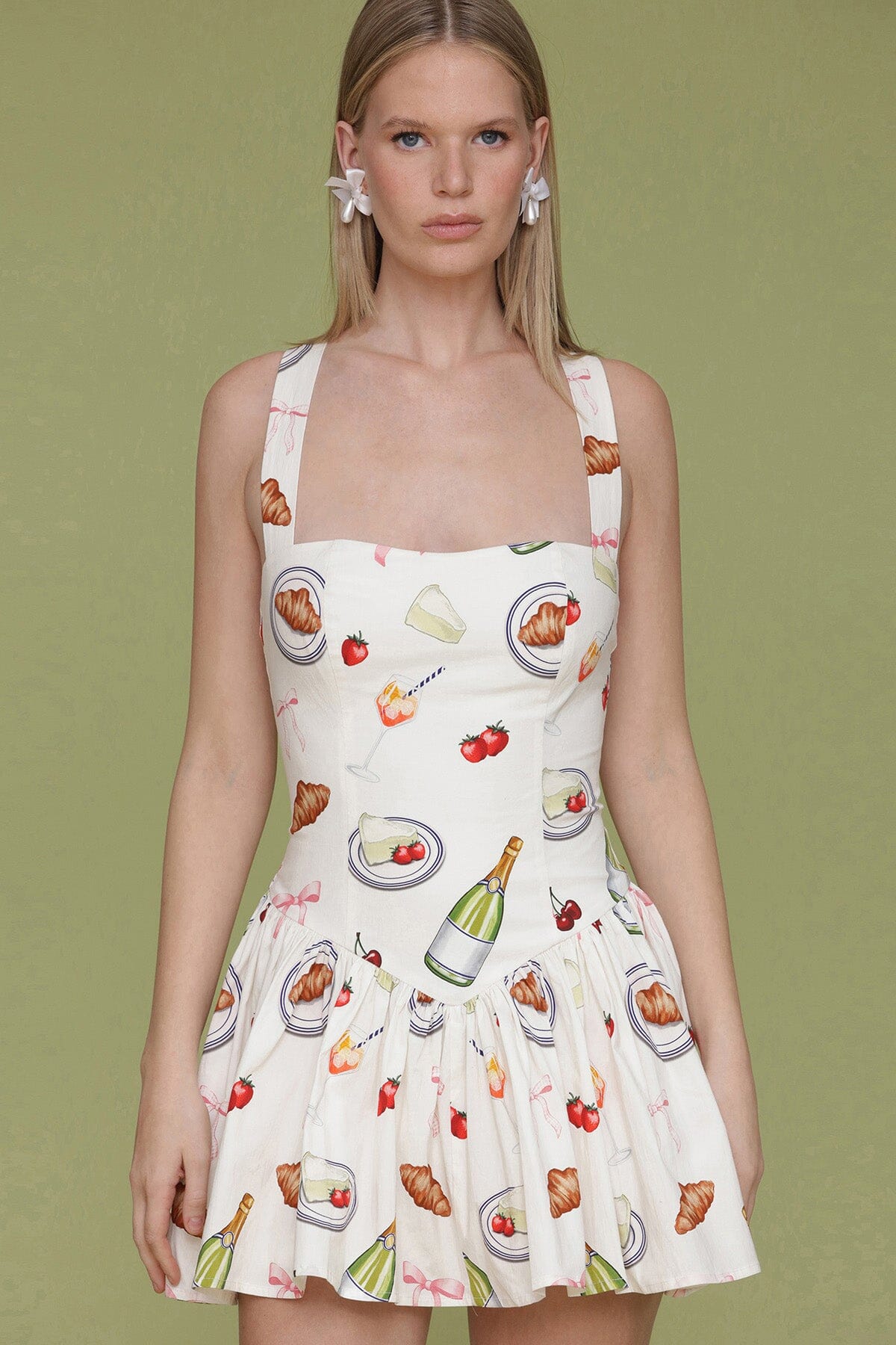 Ivory tabletop printed cotton flounce hem flared mini dress with square neckline and criss-cross back non-adjustable straps - Cute women's dresses by Avec Les Filles