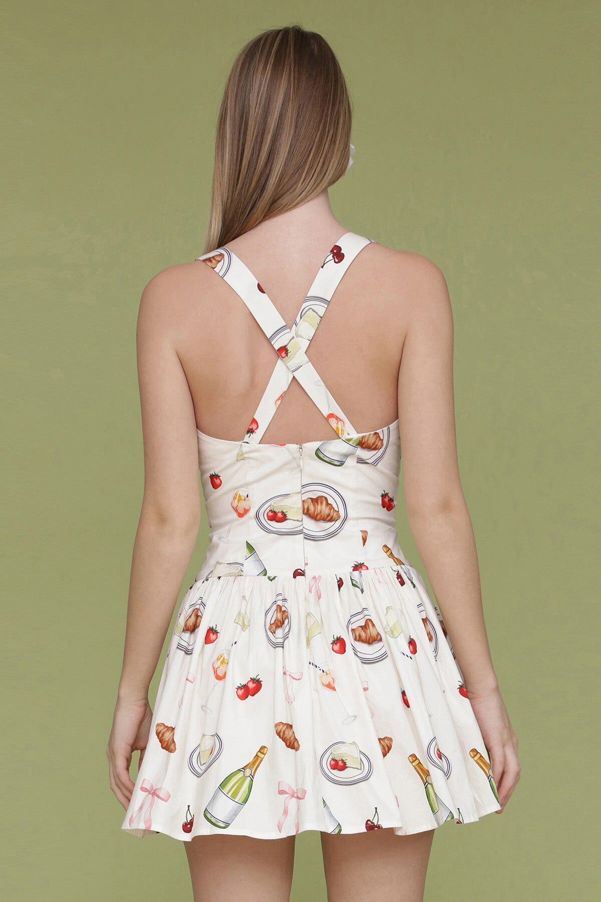 Ivory tabletop printed cotton flounce hem flared mini dress with square neckline and criss-cross back non-adjustable straps - Cute women's dresses by Avec Les Filles