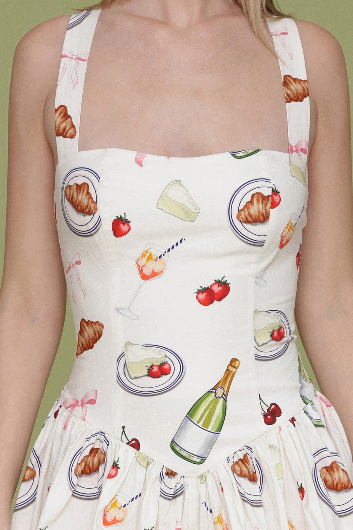 Ivory tabletop printed cotton flounce hem flared mini dress with square neckline and criss-cross back non-adjustable straps - Cute women's dresses by Avec Les Filles