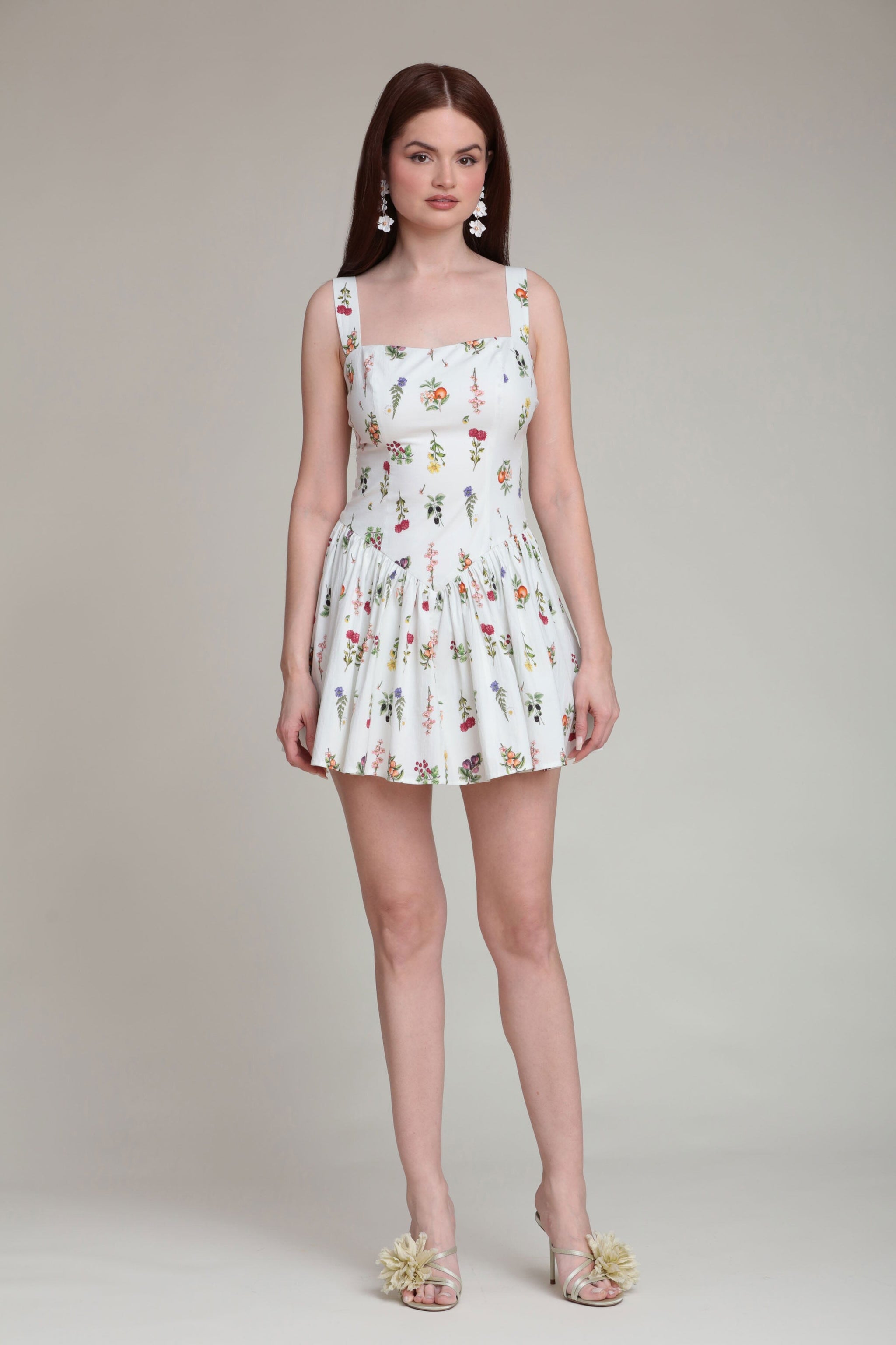White Printed Cotton Romper Mini Dress Cream Botanical / 14