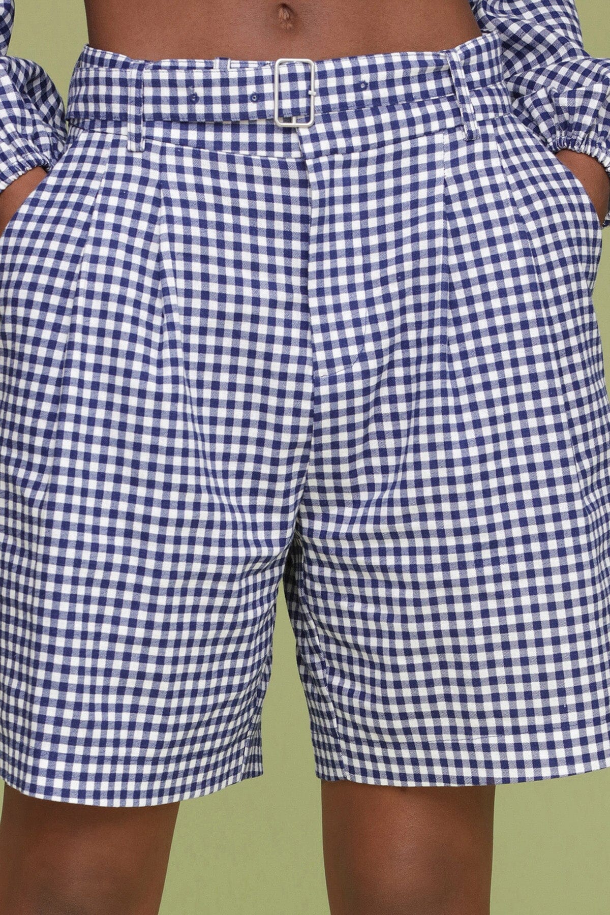 Gingham linen blend tailored high rise navy white shorts with front pleats and detachable self belt - Cute women's shorts by Avec Les Filles