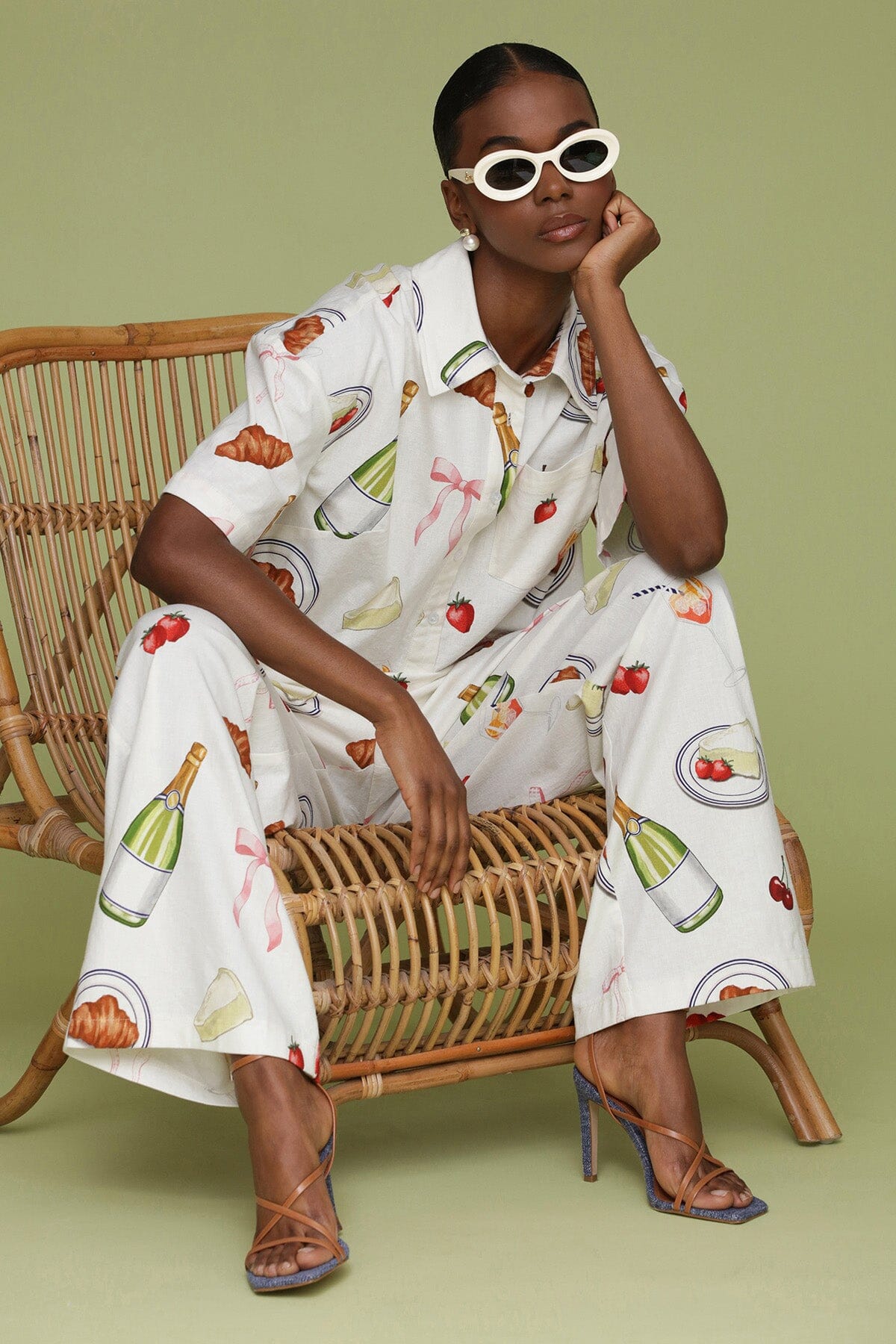 Ivory Tabletop Print Cropped Boxy Shirt with classic collar, button front placket and short sleeves with dropped shoulder - Cute womens shirts by Avec Les Filles