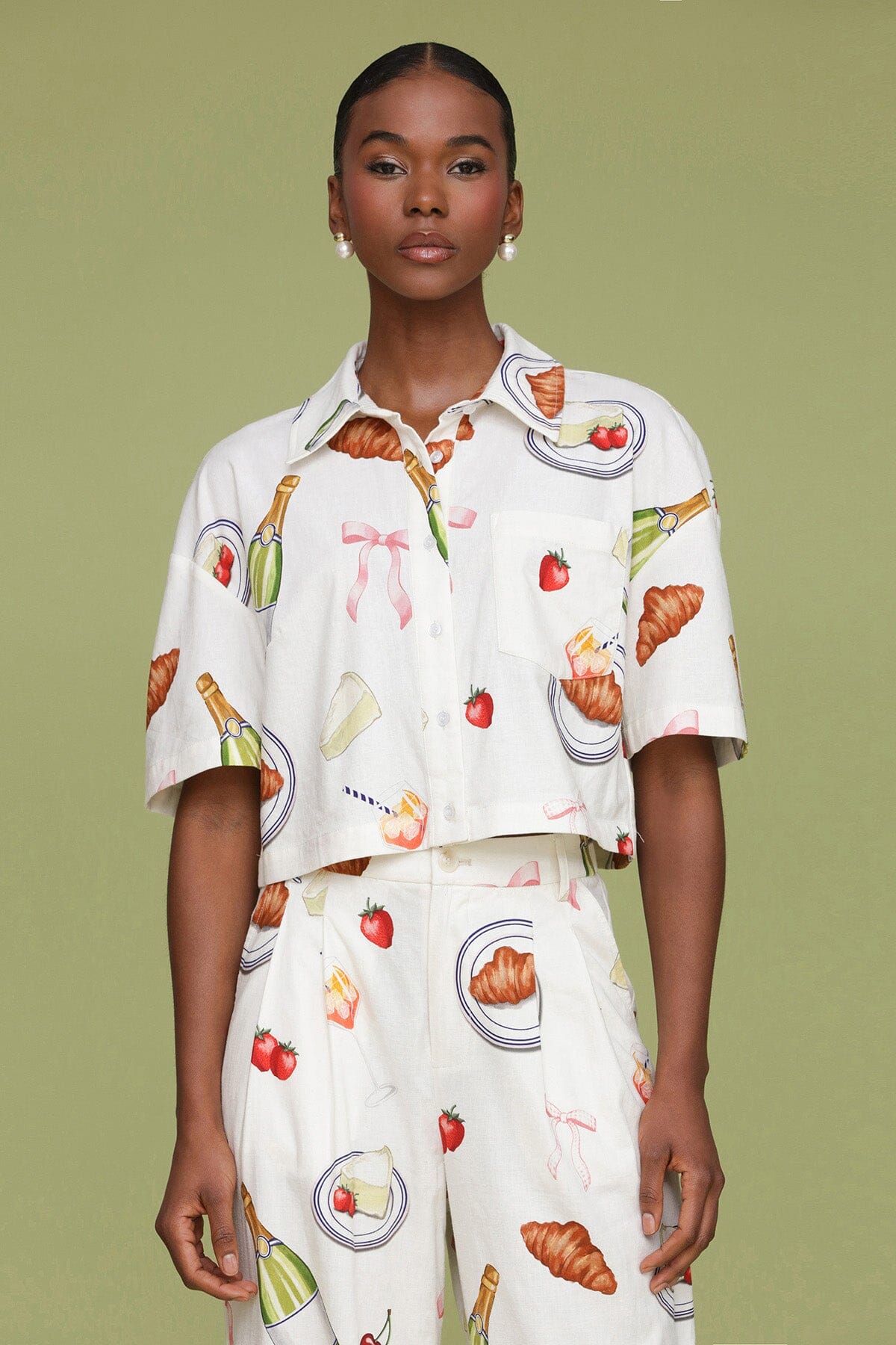 Ivory Tabletop Print Cropped Boxy Shirt with classic collar, button front placket and short sleeves with dropped shoulder - Cute womens shirts by Avec Les Filles