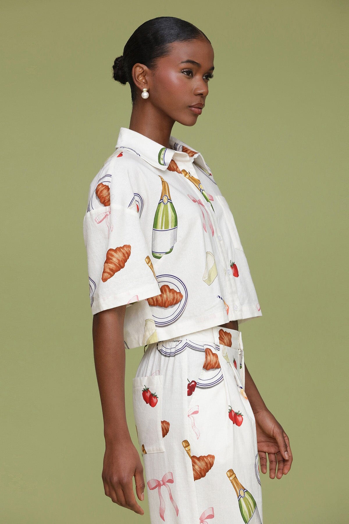 Ivory Tabletop Print Cropped Boxy Shirt with classic collar, button front placket and short sleeves with dropped shoulder - Cute womens shirts by Avec Les Filles