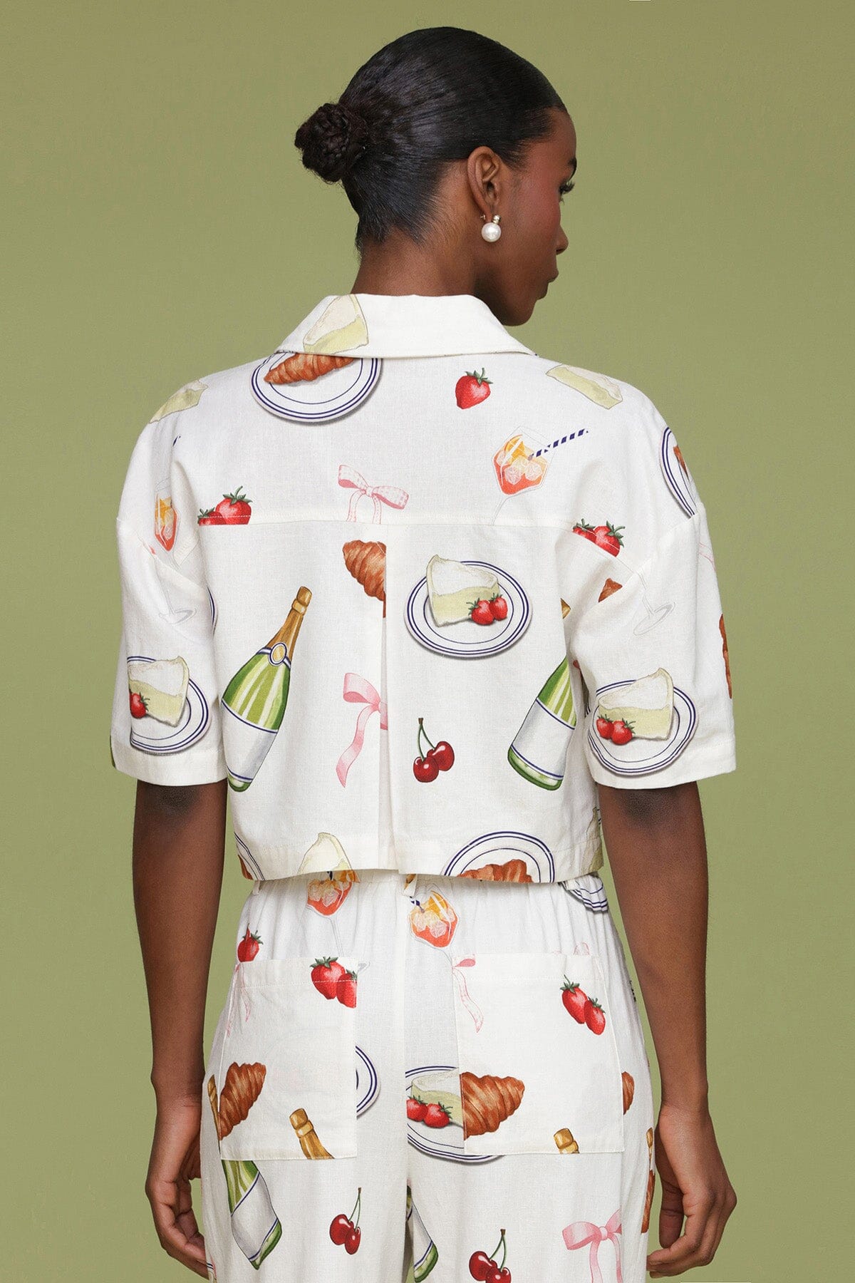 Ivory Tabletop Print Cropped Boxy Shirt with classic collar, button front placket and short sleeves with dropped shoulder - Cute womens shirts by Avec Les Filles