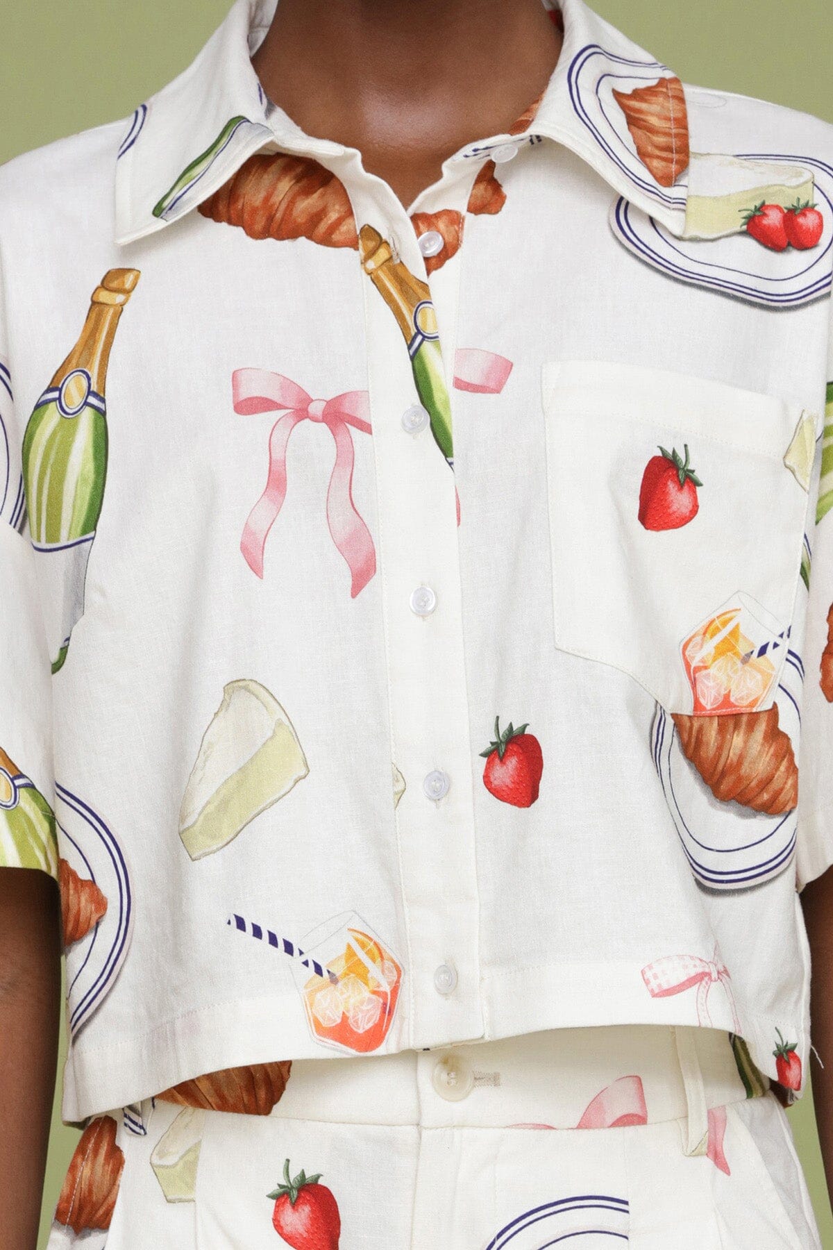 Ivory Tabletop Print Cropped Boxy Shirt with classic collar, button front placket and short sleeves with dropped shoulder - Cute womens shirts by Avec Les Filles