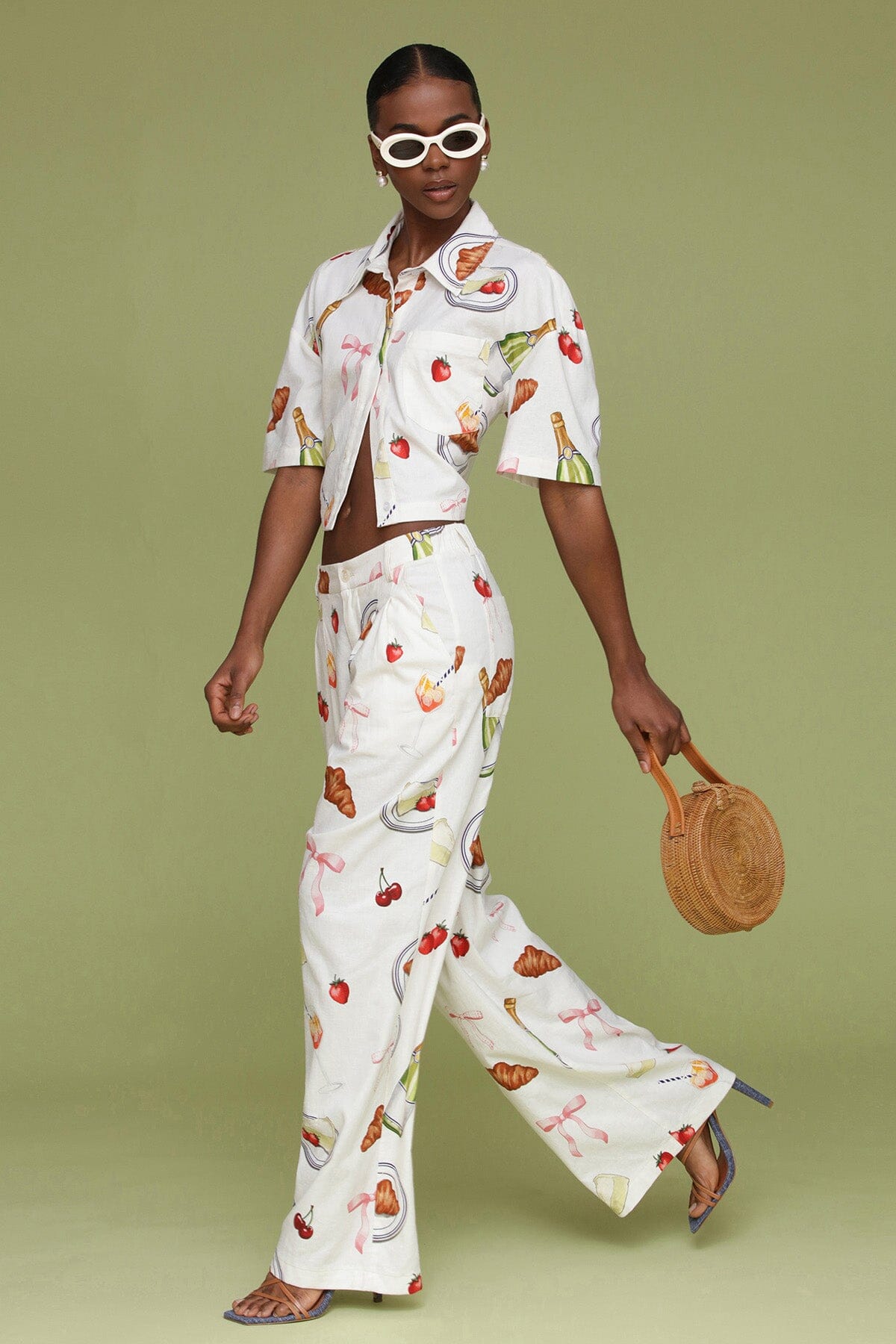 Ivory Tabletop Print Cropped Boxy Shirt with classic collar, button front placket and short sleeves with dropped shoulder - Cute womens shirts by Avec Les Filles