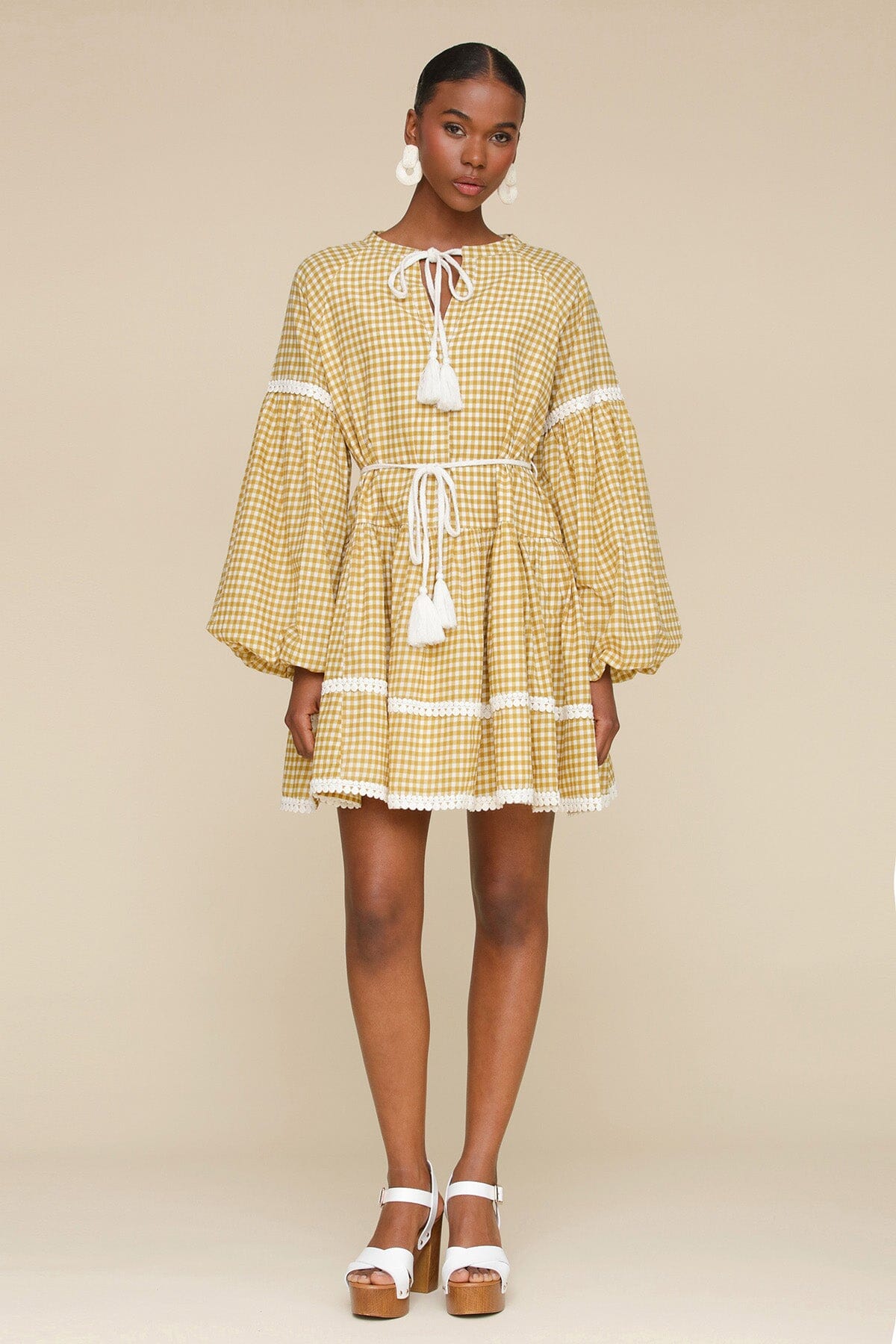 Olio gingham printed cotton prairie mini dress with round neckline, long balloon sleeves and removable self-tie belt - Shop women's dresses by Avec Les Filles