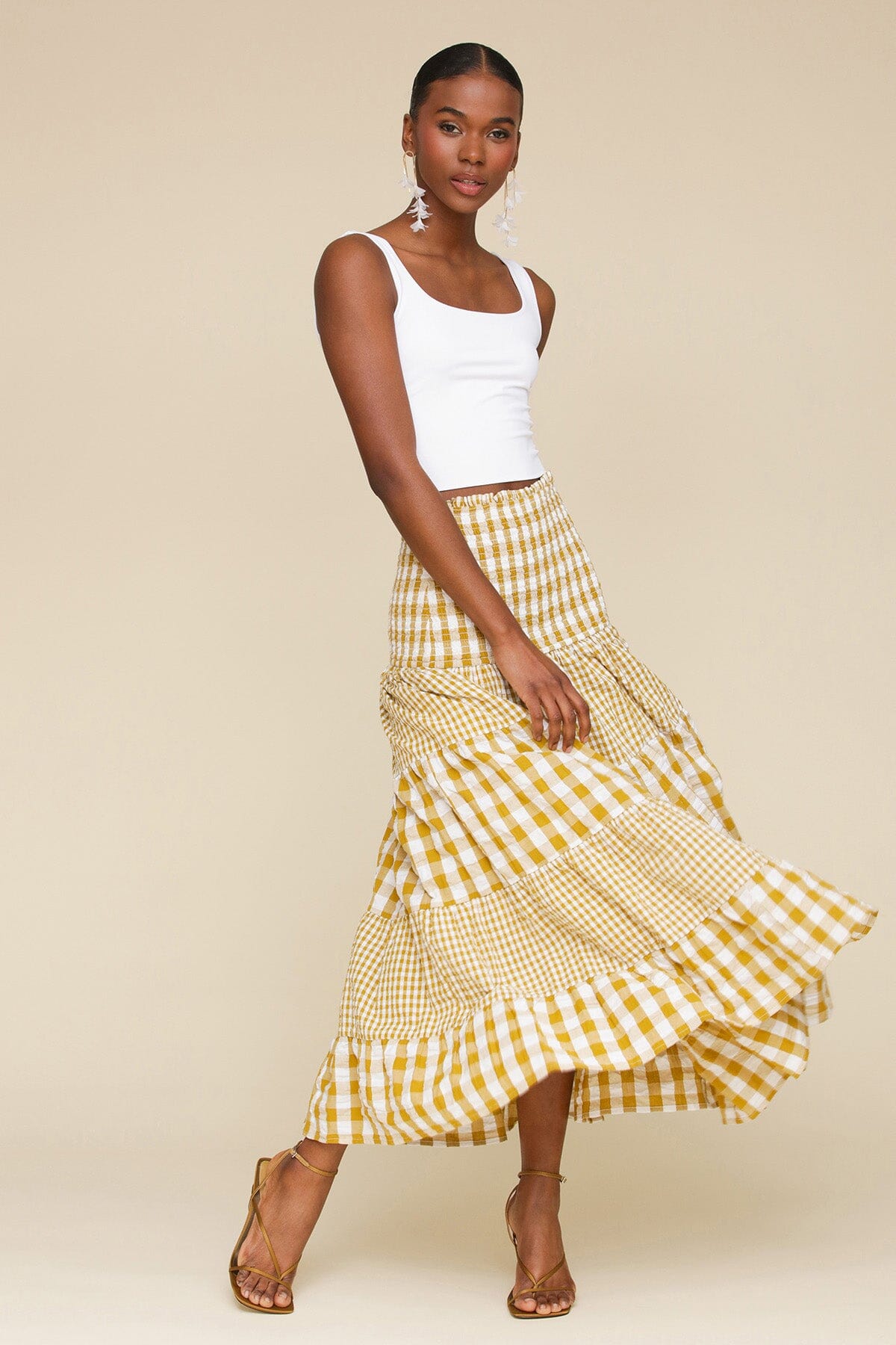 Olio gingham tiered cotton maxi skirt with smocked elastic waistband, tiered. Cute women's skirts by Avec Les Filles