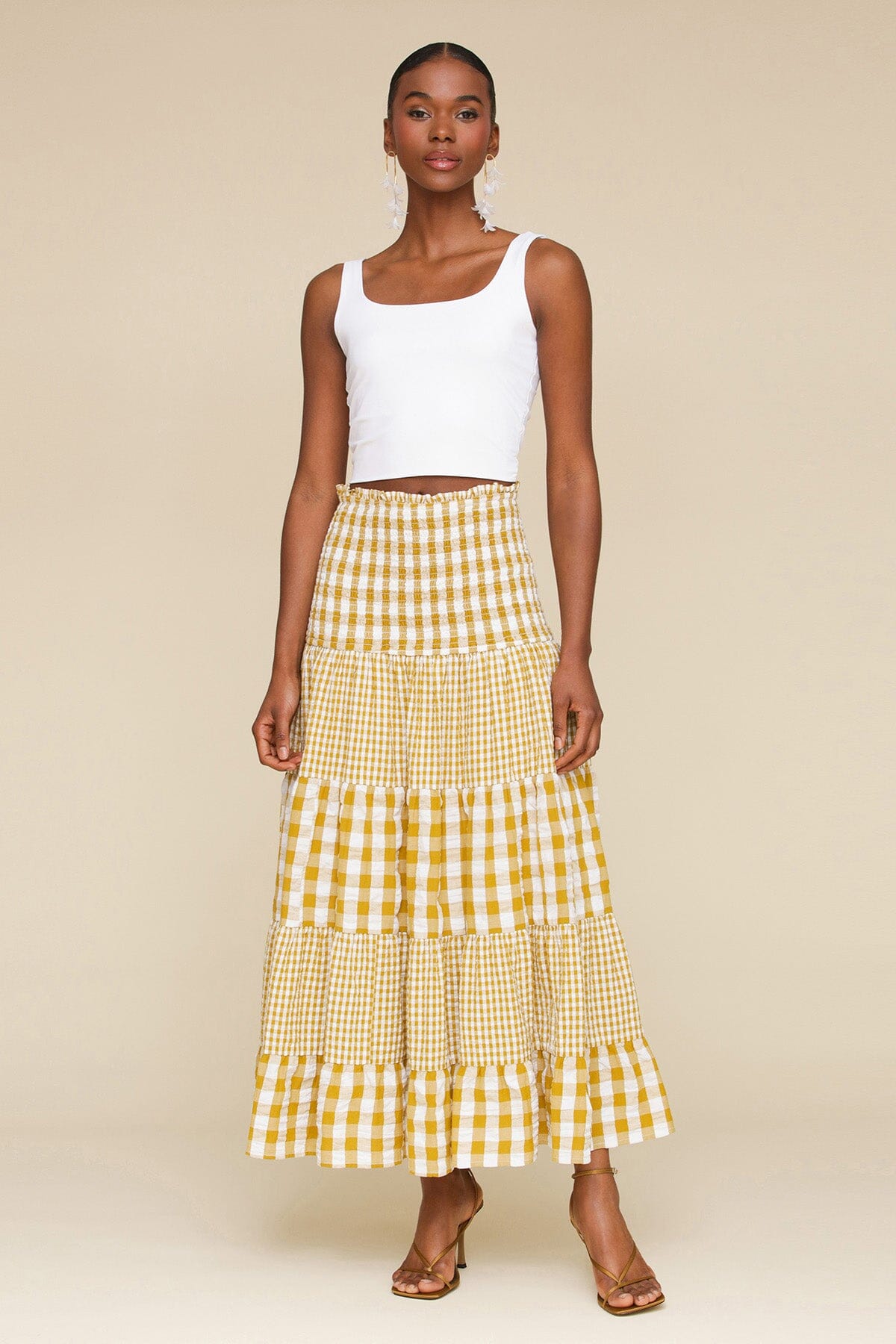 Olio gingham tiered cotton maxi skirt with smocked elastic waistband, tiered construction and gathered seams - Cute women's skirts by Avec Les Filles
