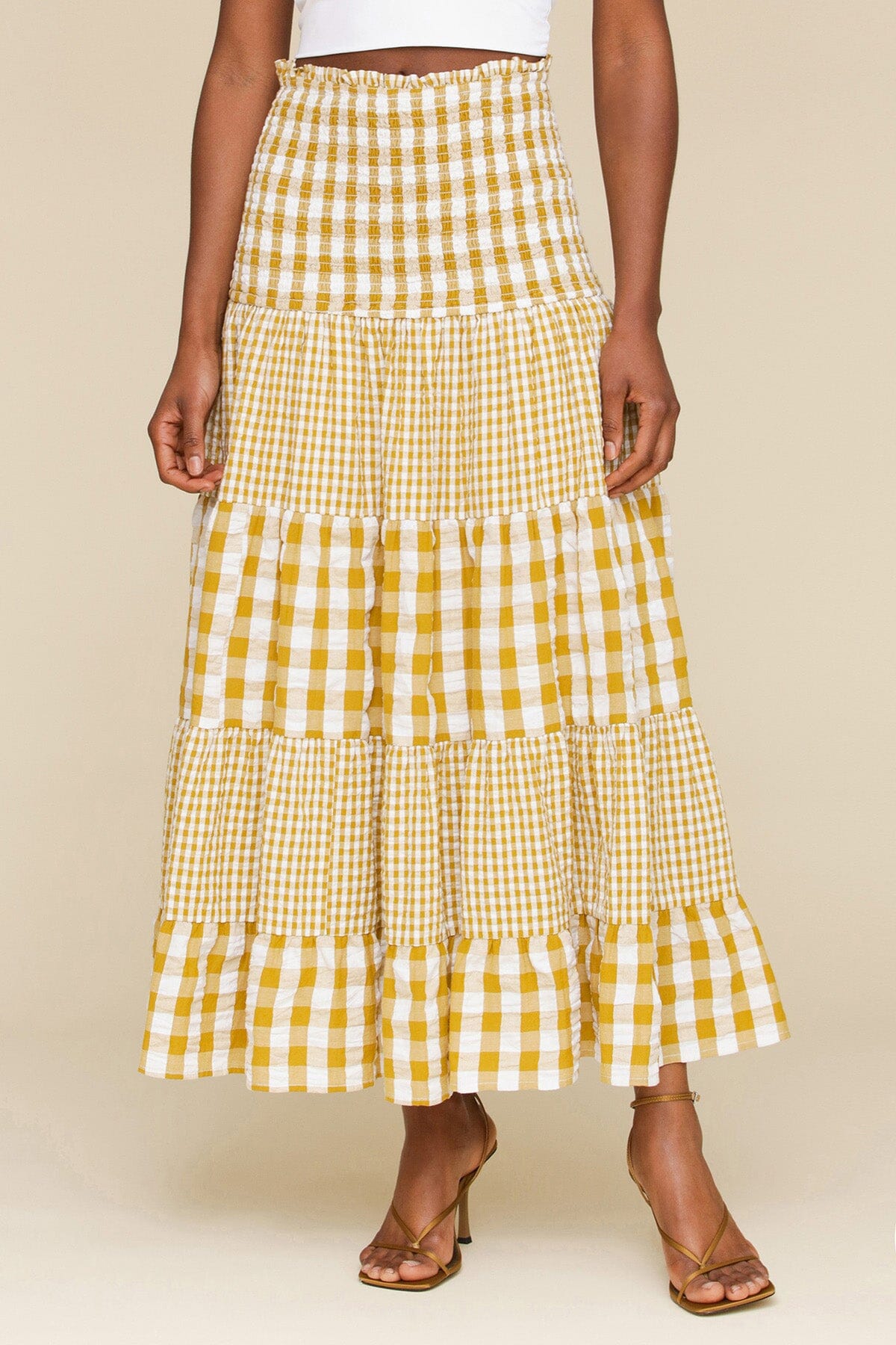 Olio gingham tiered cotton maxi skirt with smocked elastic waistband, tiered construction and gathered seams - Cute women's skirts by Avec Les Filles