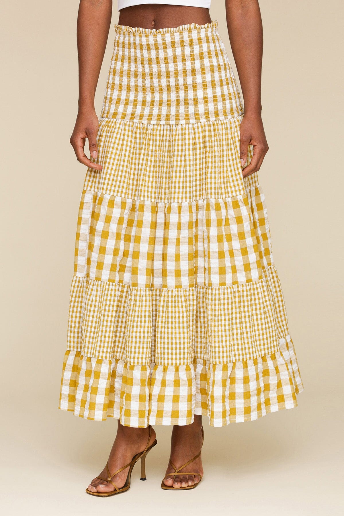 Olio gingham tiered cotton maxi skirt with smocked elastic waistband, tiered construction and gathered seams - Cute women's skirts by Avec Les Filles