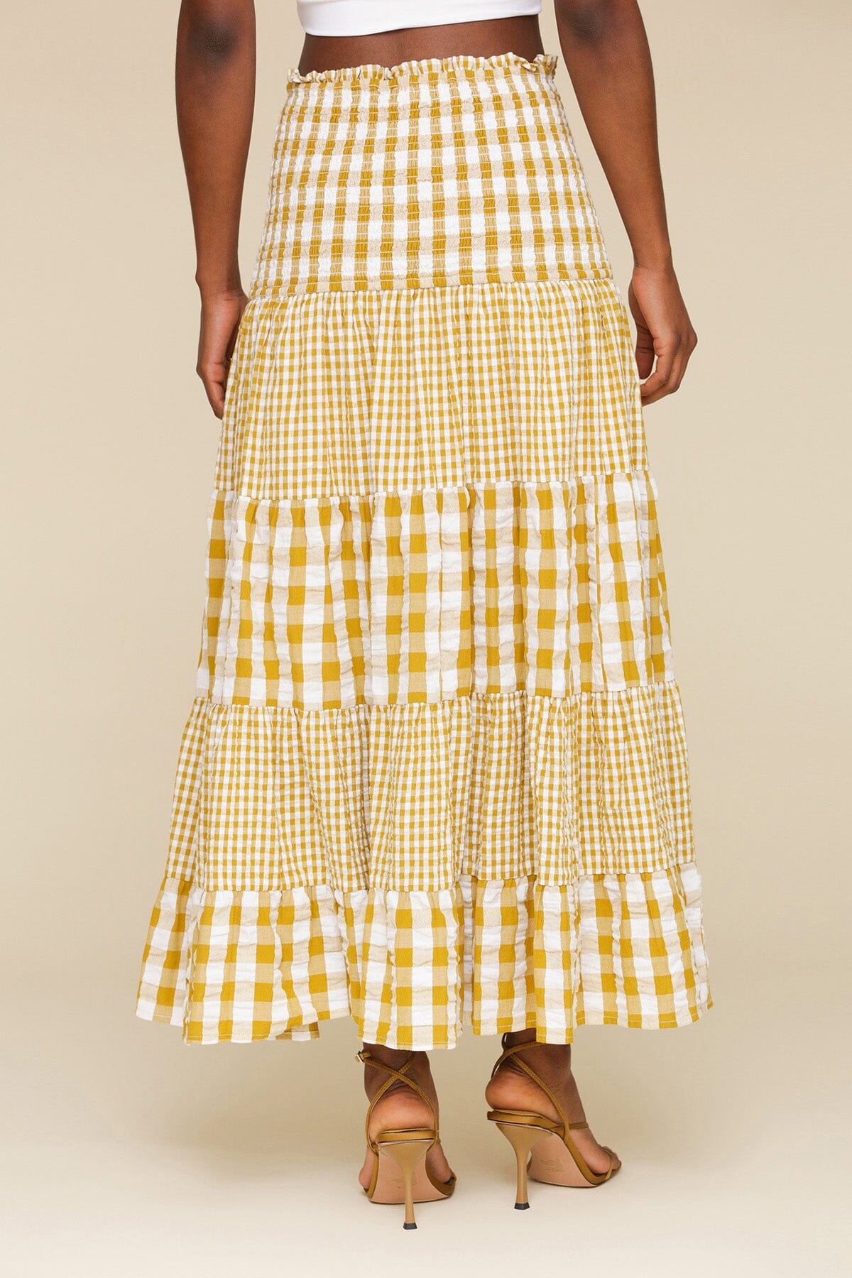 Olio gingham tiered cotton maxi skirt with smocked elastic waistband, tiered construction and gathered seams - Cute women's skirts by Avec Les Filles