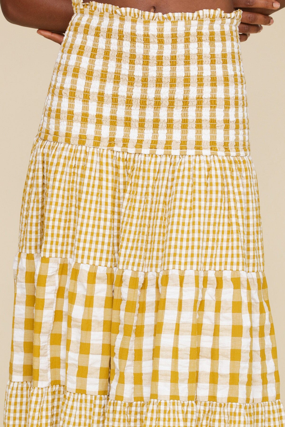 Olio gingham tiered cotton maxi skirt with smocked elastic waistband, tiered construction and gathered seams - Cute women's skirts by Avec Les Filles