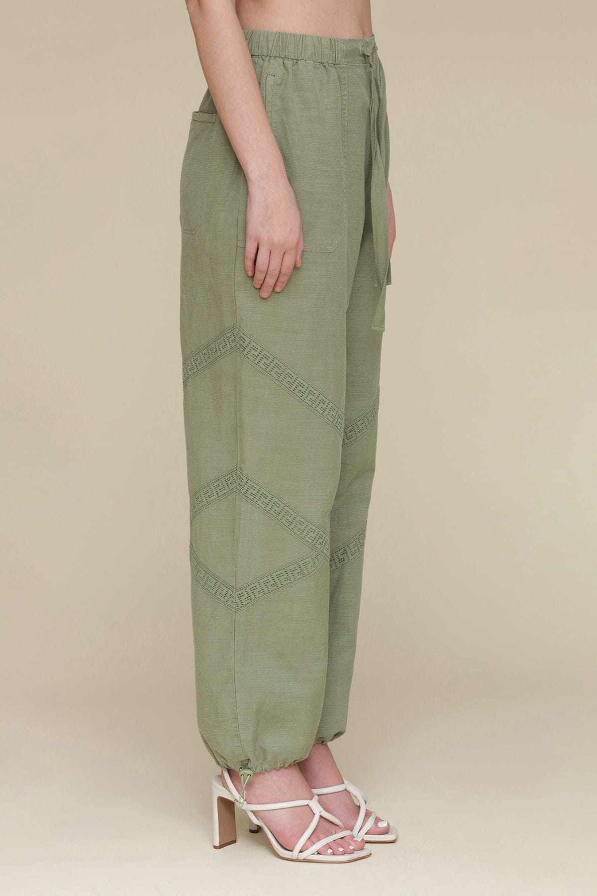 Embroidered cotton green tea tree lyocell jogger with elastic waistband, adjustable drawstring and patch pocket - Cute women's jogger pants by Avec Les Filles