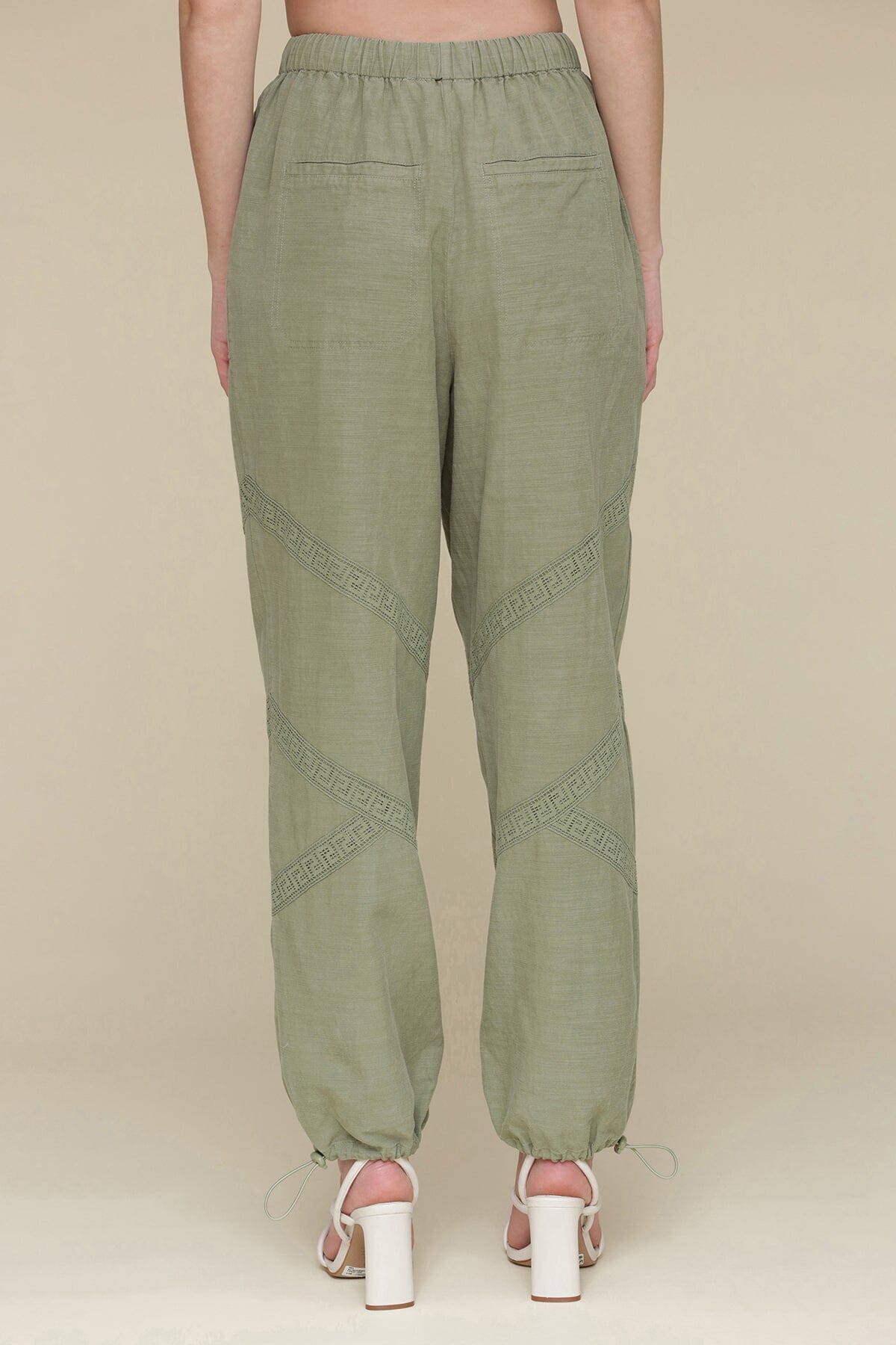Embroidered cotton green tea tree lyocell jogger with elastic waistband, adjustable drawstring and patch pocket - Cute women's jogger pants by Avec Les Filles