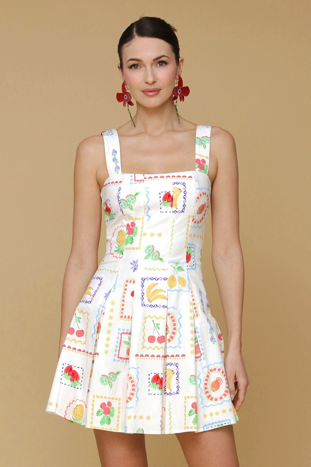 Fruit stamp white print cotton flared mini dress with square neckline and wide straps - Cute women's mini dresses by Avec Les Filles