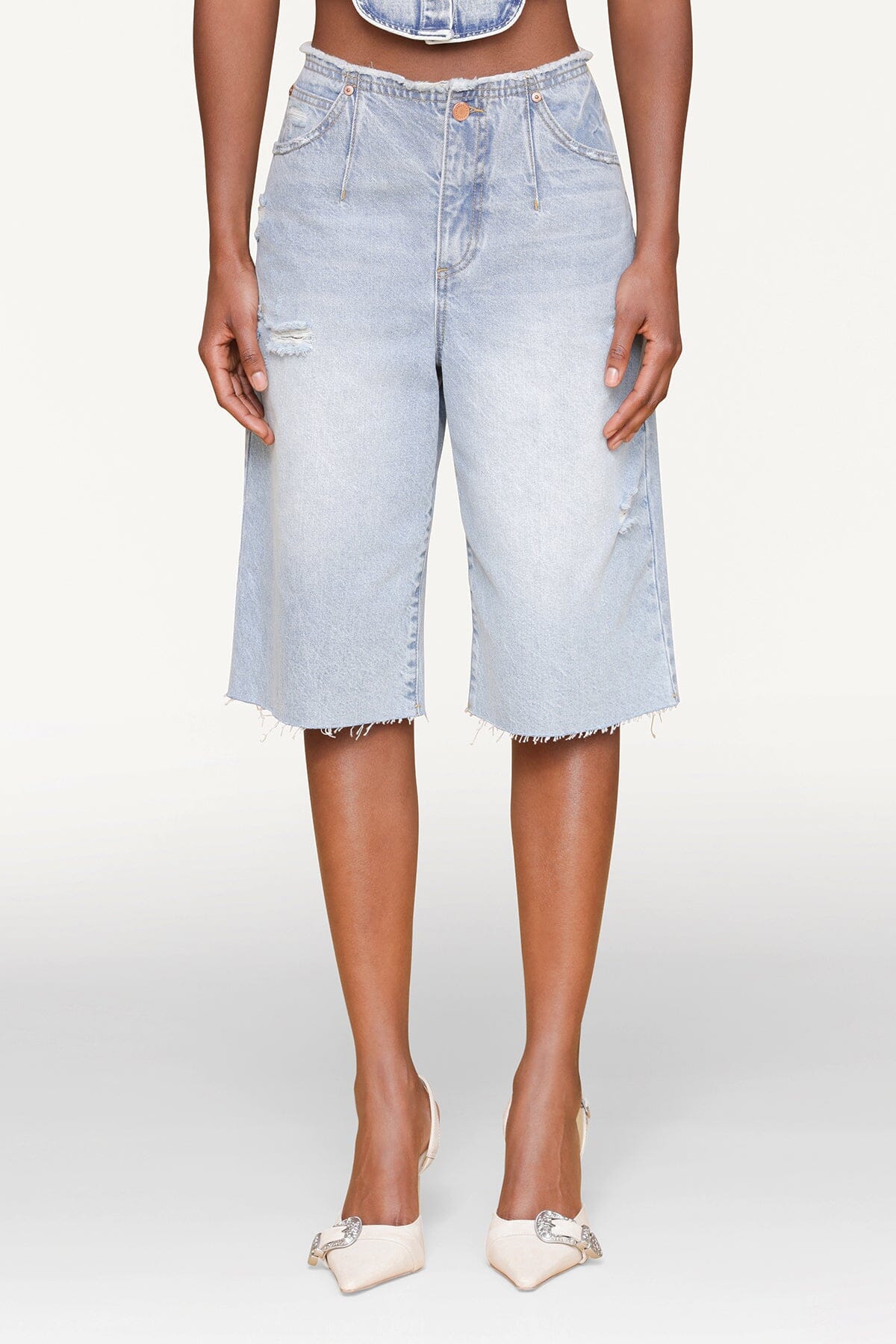 Distressed blue wide-leg denim bermuda shorts - Shop women's cute denim bermuda shorts by Avec Les Filles
