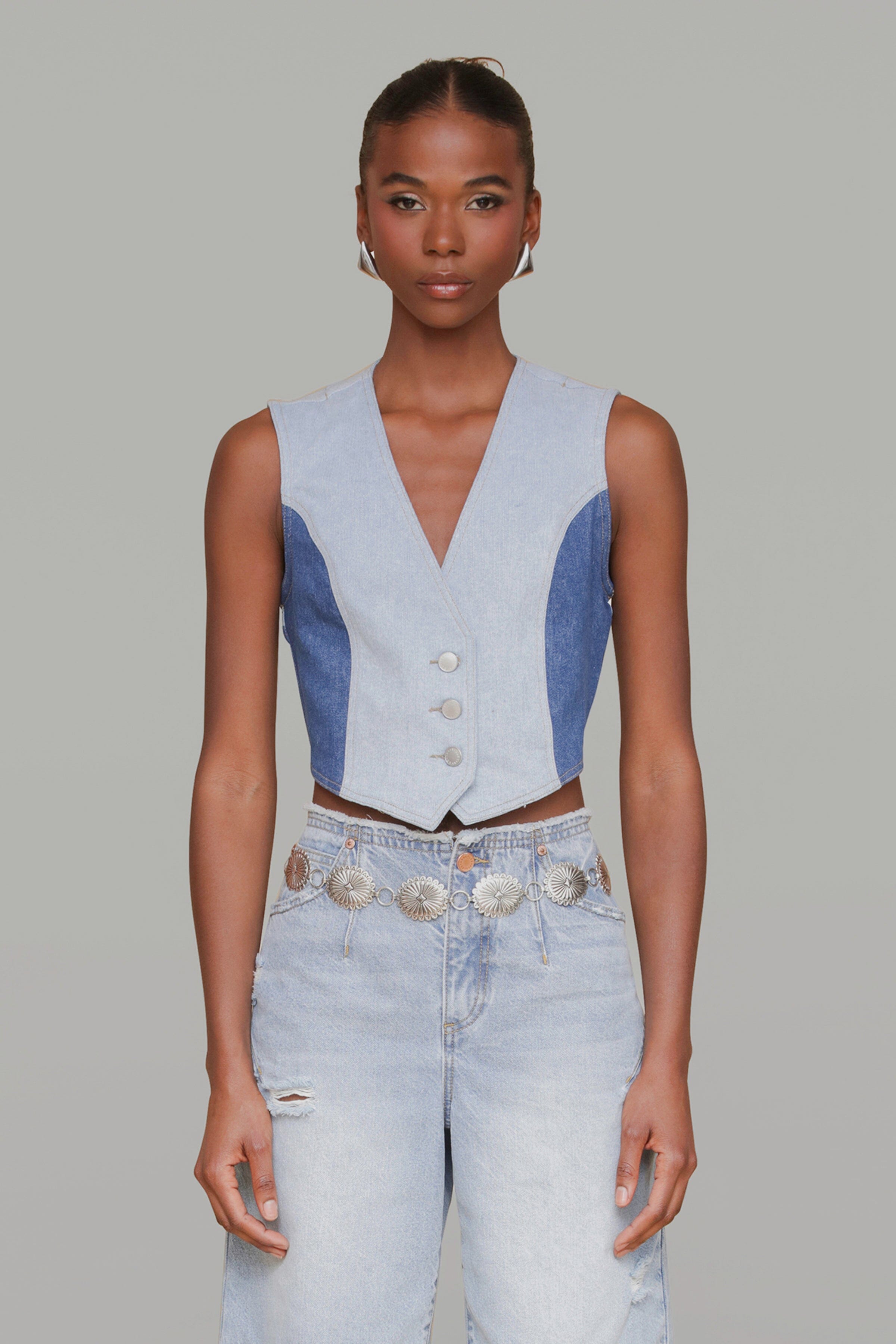 Two-tone light denim vest with V-neck and button front - Shop designer women's cute denim vests by Avec Les Filles