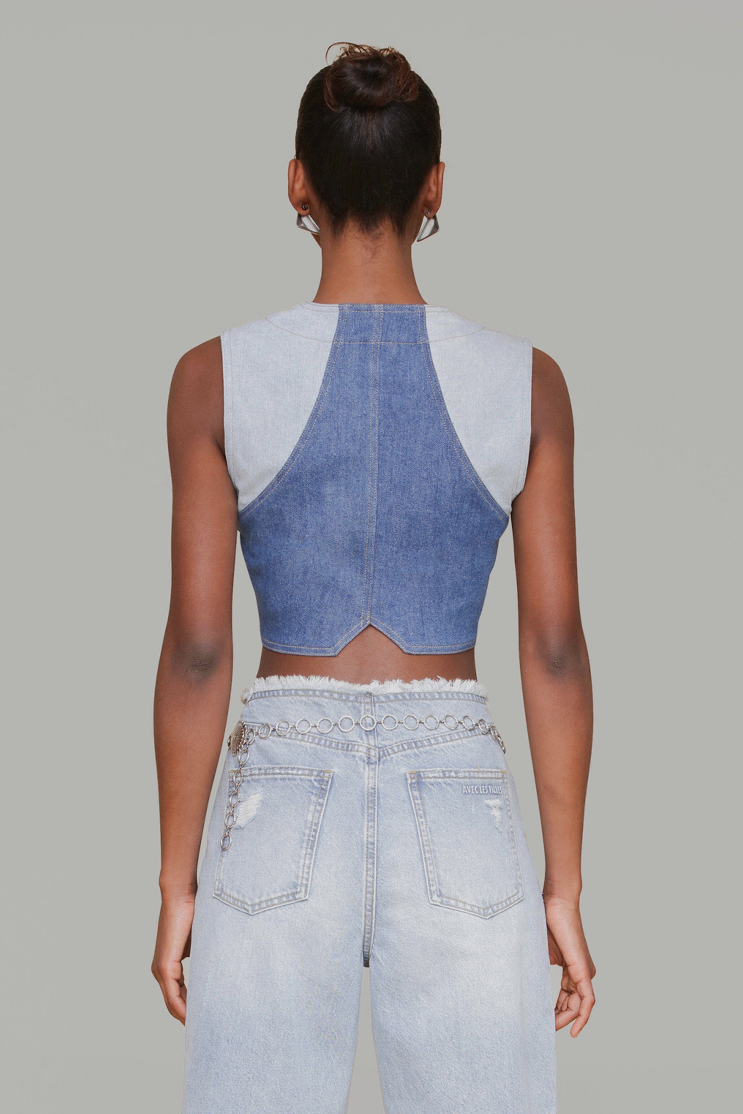 Two-tone light blue sleeveless denim vest - Shop designer women's cute denim vests by Avec Les Filles