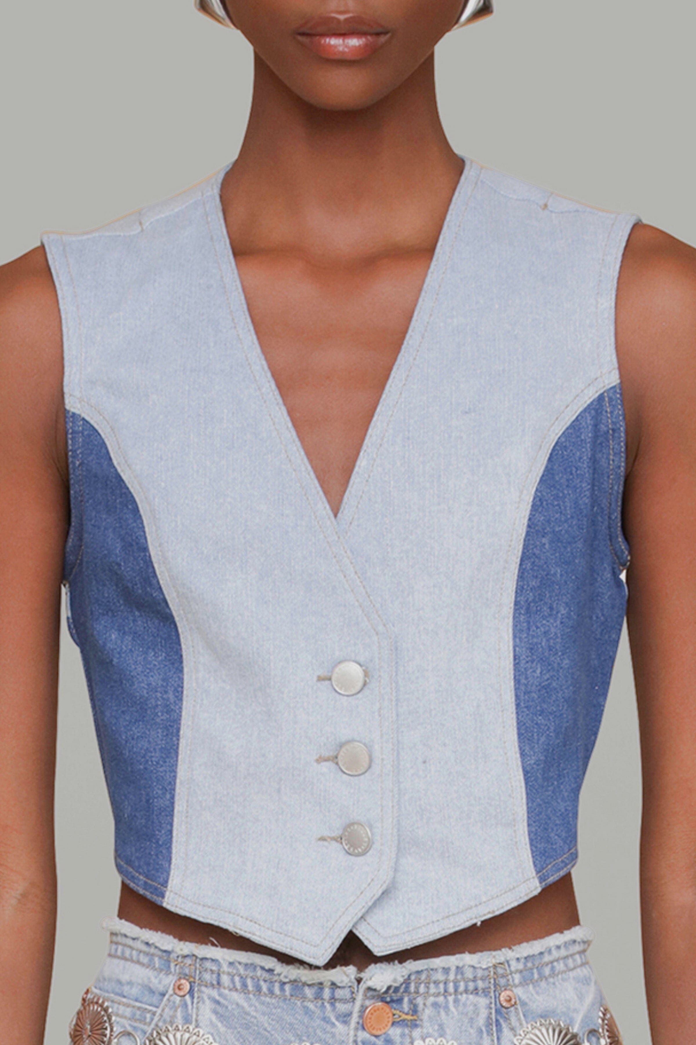 Two-tone light blue sleeveless fitted denim vest with V-neck and button front - Shop denim vests by Avec Les Filles