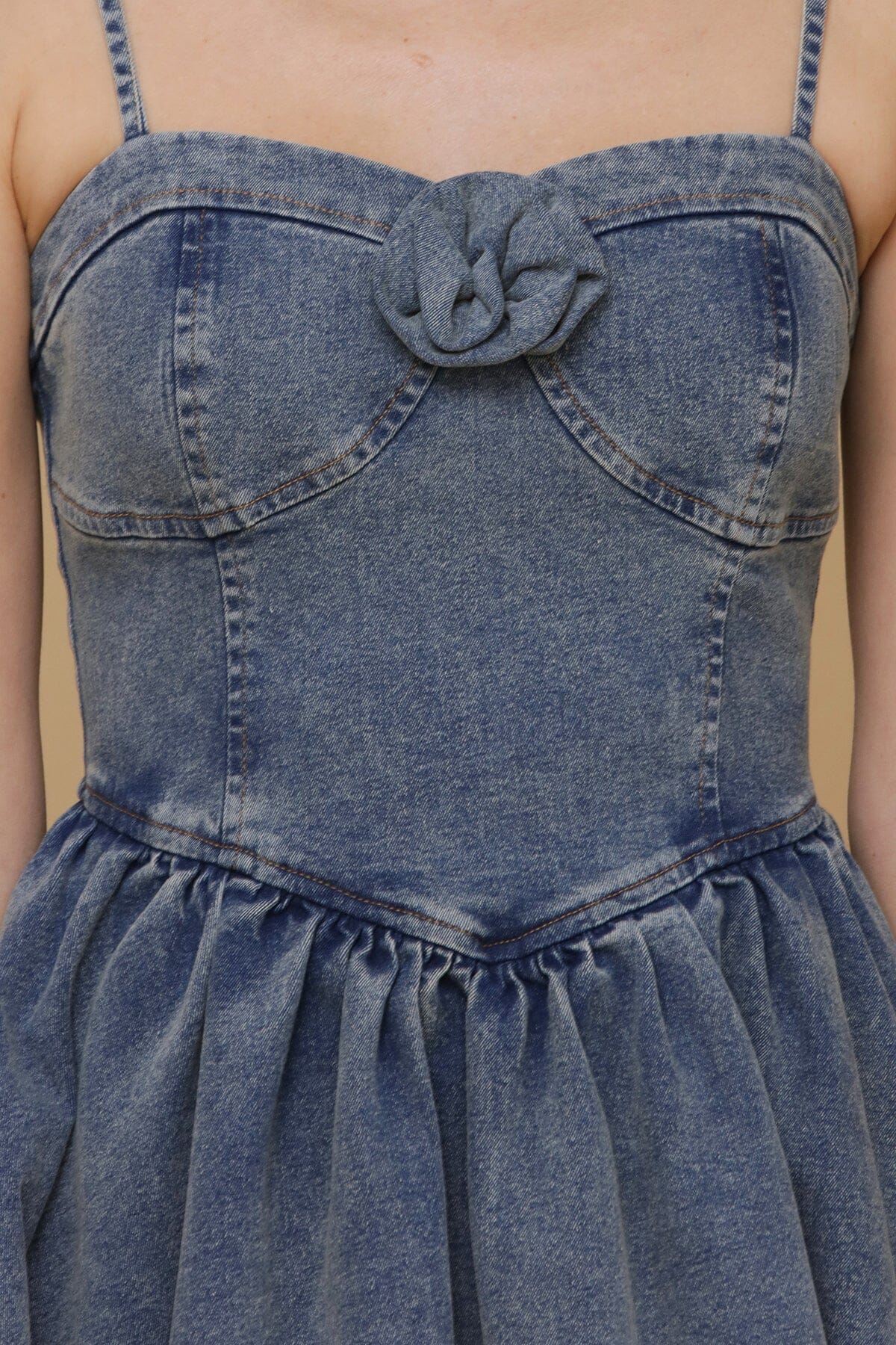 Rosette detail blue denim mini dress with adjustable spaghetti straps and layered full skirt with gathered waist - Cute women's mini dresses by Avec Les Filles