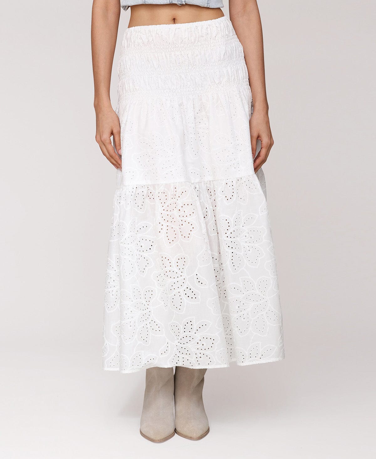 Cotton eyelet broderie anglaise white midi skirt with floral cutout motif and wide smocked waistband - Cute women's midi skirts by Avec Les Filles