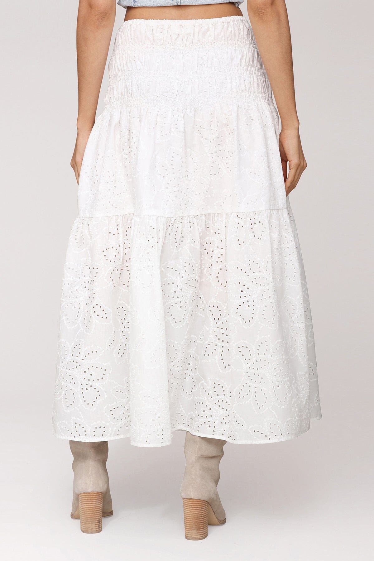 Cotton eyelet broderie anglaise white midi skirt with floral cutout motif and wide smocked waistband - Cute women's midi skirts by Avec Les Filles