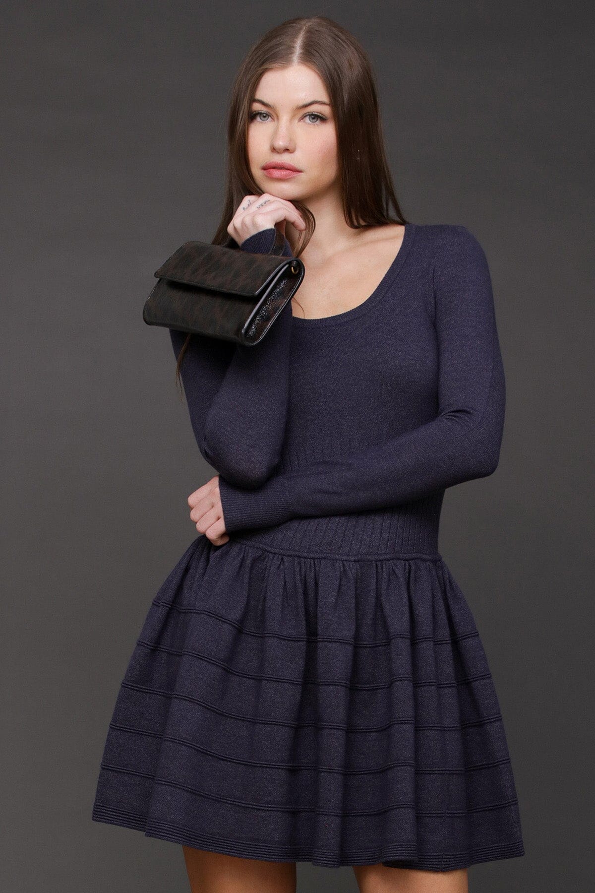 Drop-waist navy blue ribbed knit sweater mini dress with scoop neckline and long sleeves - Cute women's mini dresses by Avec Les Filles